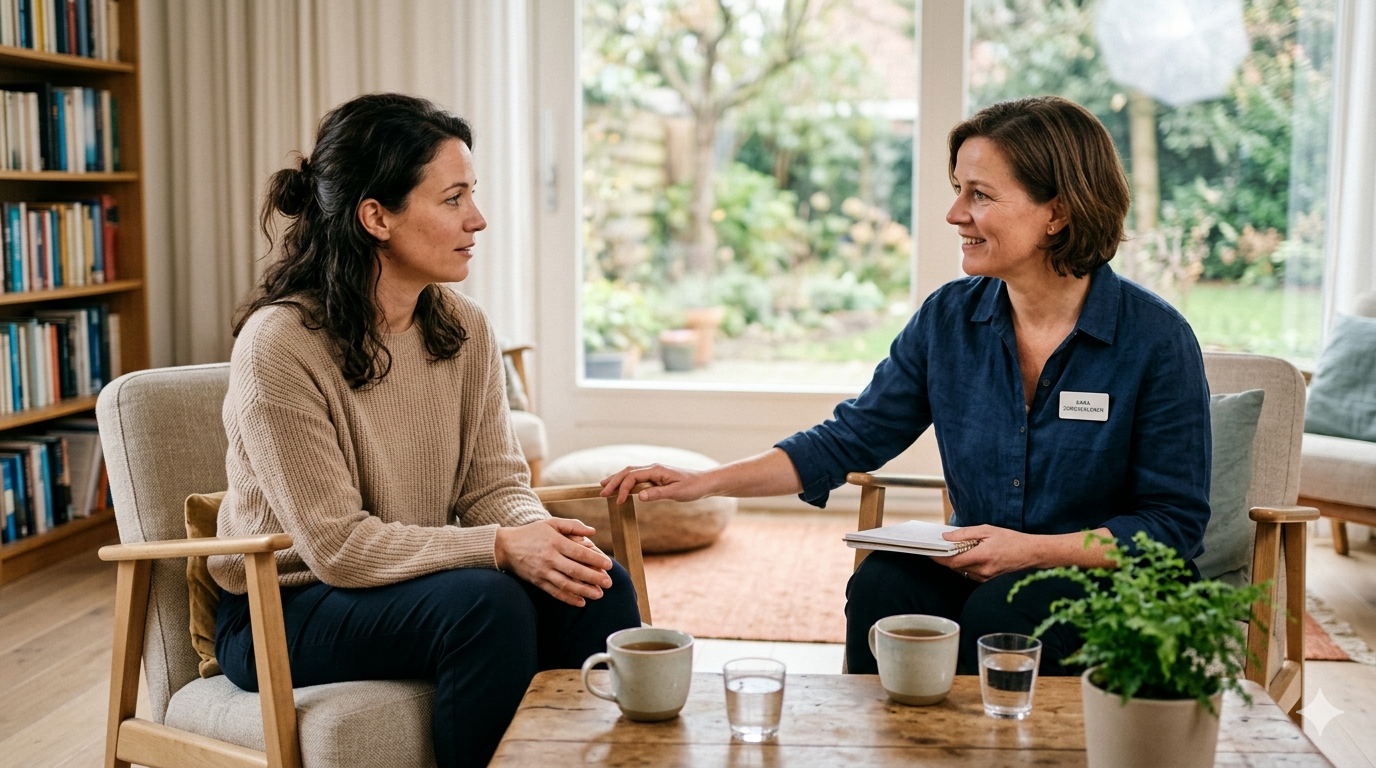 Een vrouw die een gesprek voert met een andere vrouw in een woonkamer, beide zitten op stoelen en er staan twee bekers en een glas water op de tafel.