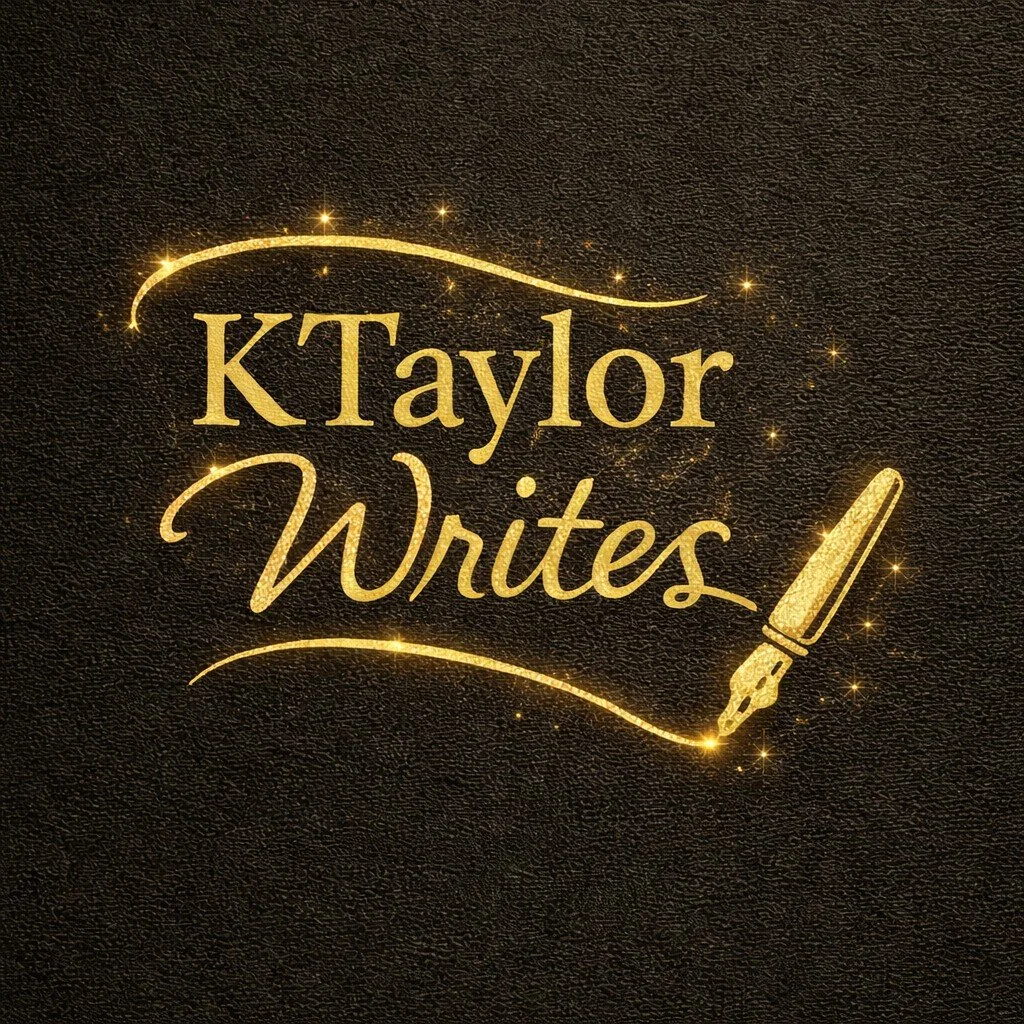 Gold text on black background that says "KTaylor Writes" with a fountain pen drawing beneath it, emitting sparkles and a curved line.