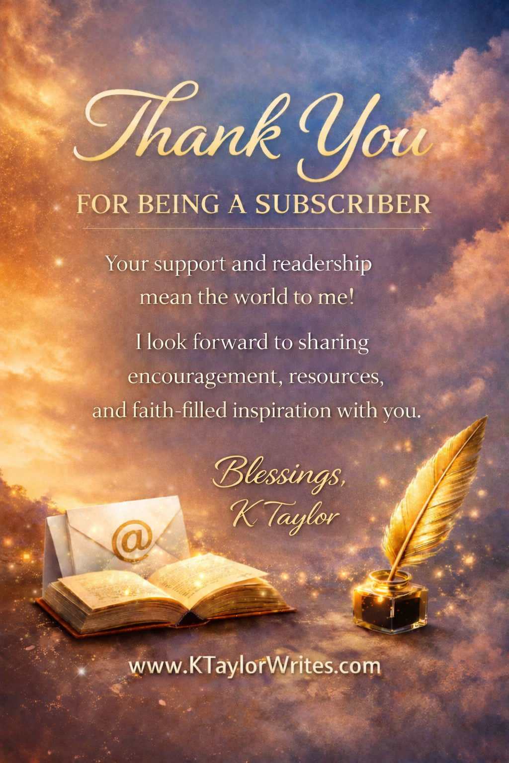 A thank you note expressing gratitude to subscribers, with a background of a colorful sunset sky, an open book, an envelope with an '@' symbol, and a quill pen in inkwell.
