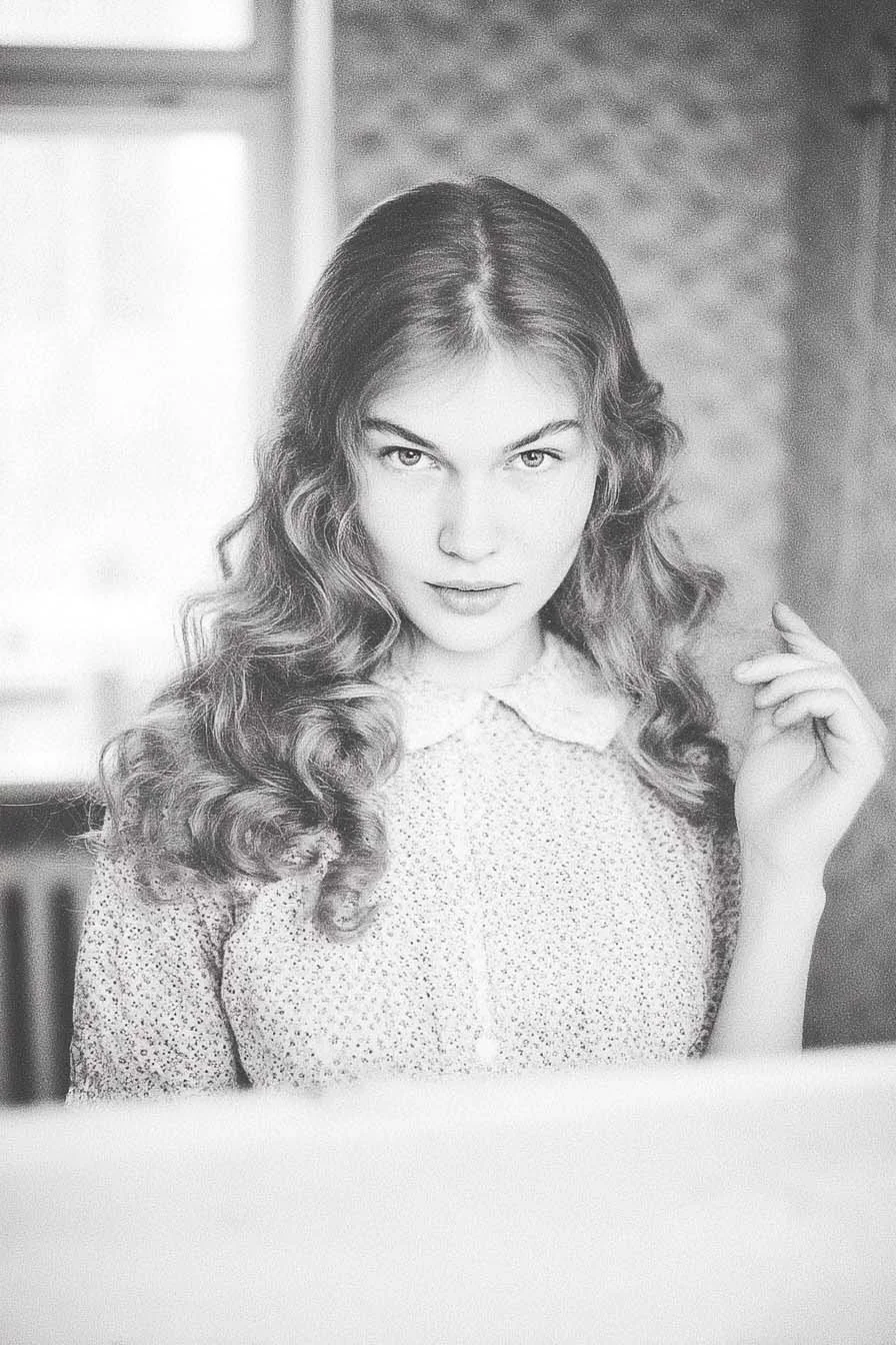 Ritratto di una giovane donna con capelli riccioli e sguardo diretto verso l'obiettivo, in bianco e nero.