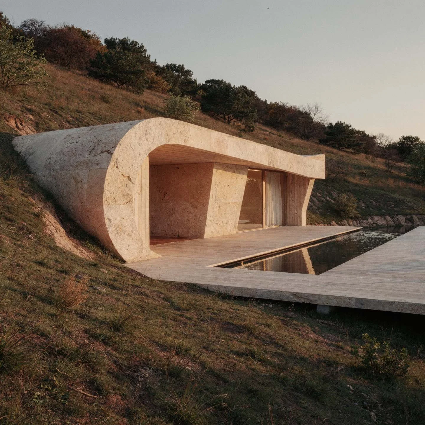 Casa moderna in pietra con pareti curve, situata su una collina con vista sul paesaggio naturale, include una terrazza e una piscina riflettente.