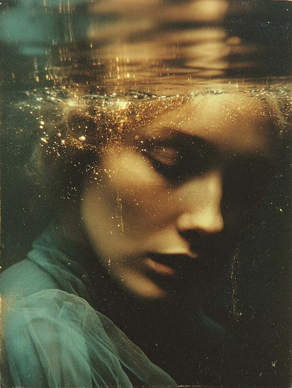 Ritratto di una donna con capelli castani, vista di profilo con acqua e luci dorate sopra la testa.