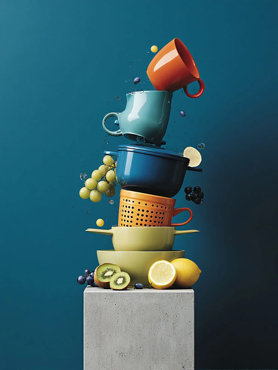 Tazze di diversi colori e dimensioni impilate con frutta come uva, limoni e kiwi e alcuni schizzi d'acqua sullo sfondo blu.