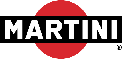 Logo Martini con testo bianco su sfondo nero e rosso