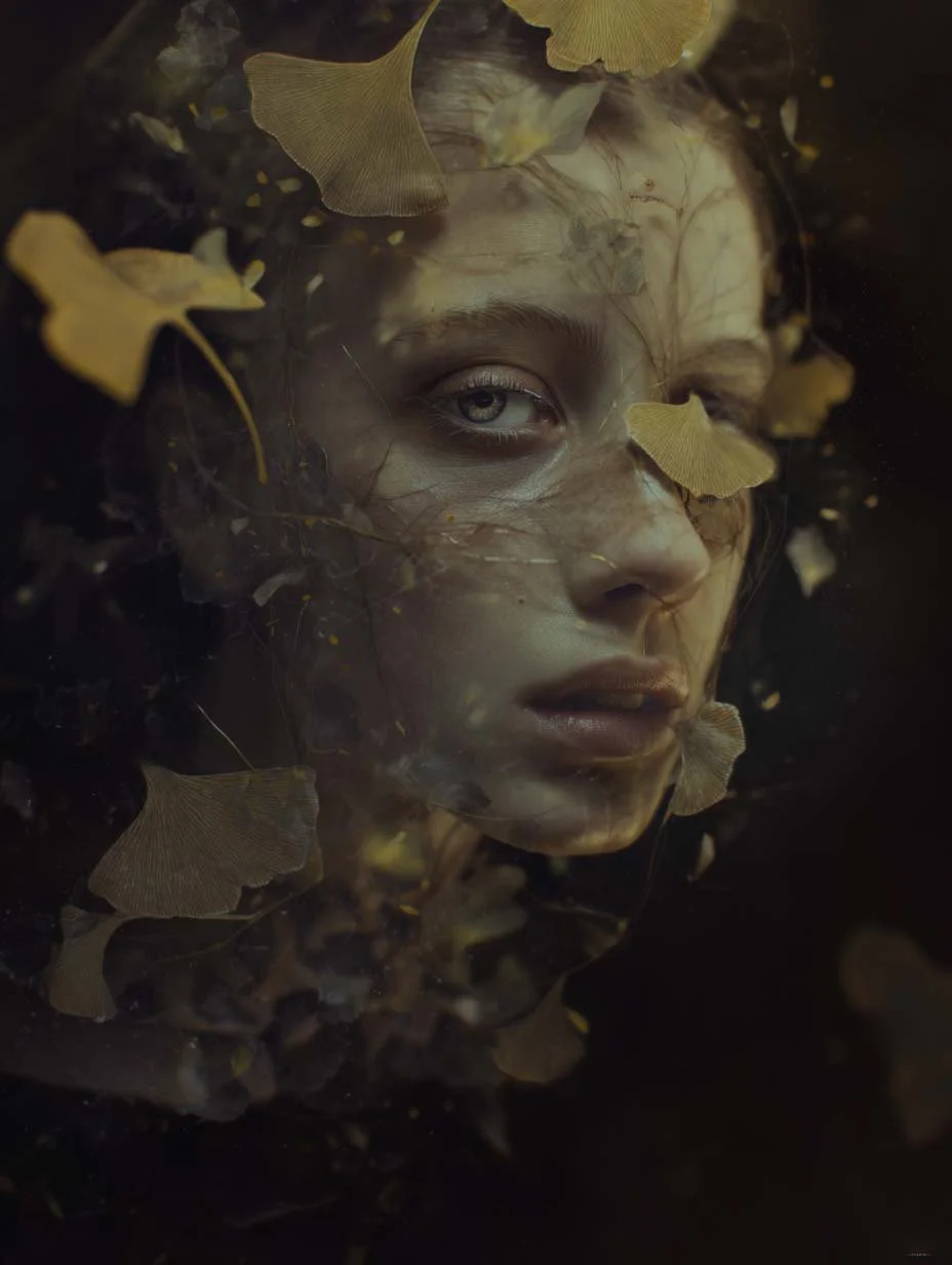 Ragazza con pelle chiara e occhi azzurri, immersa nell'acqua con foglie galleggianti intorno al volto, illuminata da una luce soffusa.