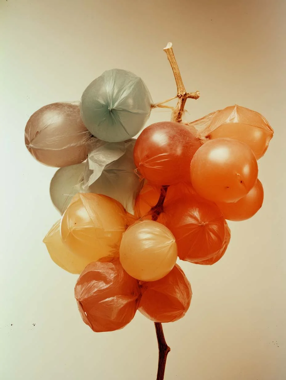 Un grappolo di cipolle di vari colori avvolte in sacchetti di plastica, con uno sfondo neutro.