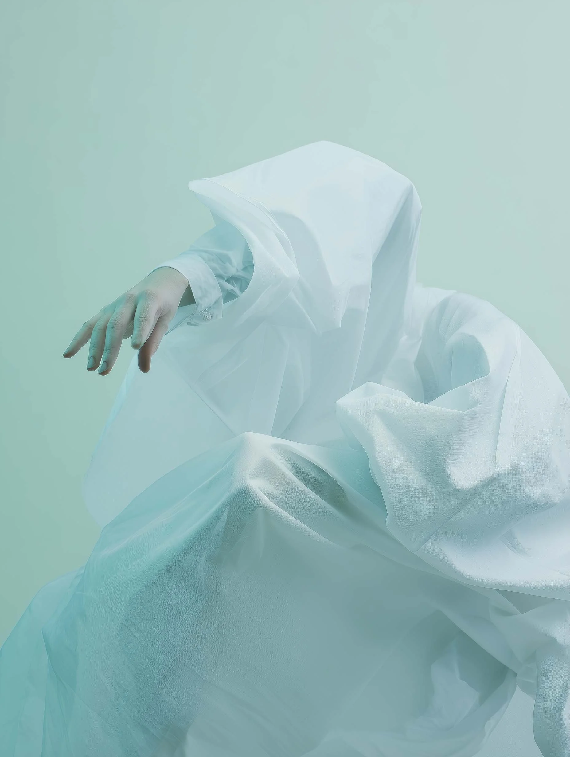 Persona vestita con tuta protettiva bianca, con il volto nascosto dalla cappuccio, seduta con una mano rivolta verso il basso.