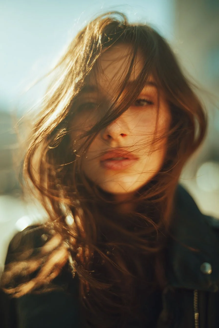 Ritratto di donna con capelli castani mossi e vento, in luce naturale, leggermente sorridente.