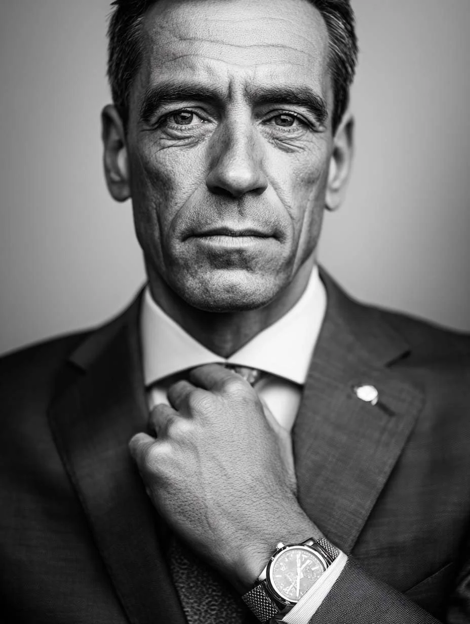 Ritratto in bianco e nero di un uomo elegante con giacca, cravatta e orologio, che si aggiusta il colletto con un gesto deciso.