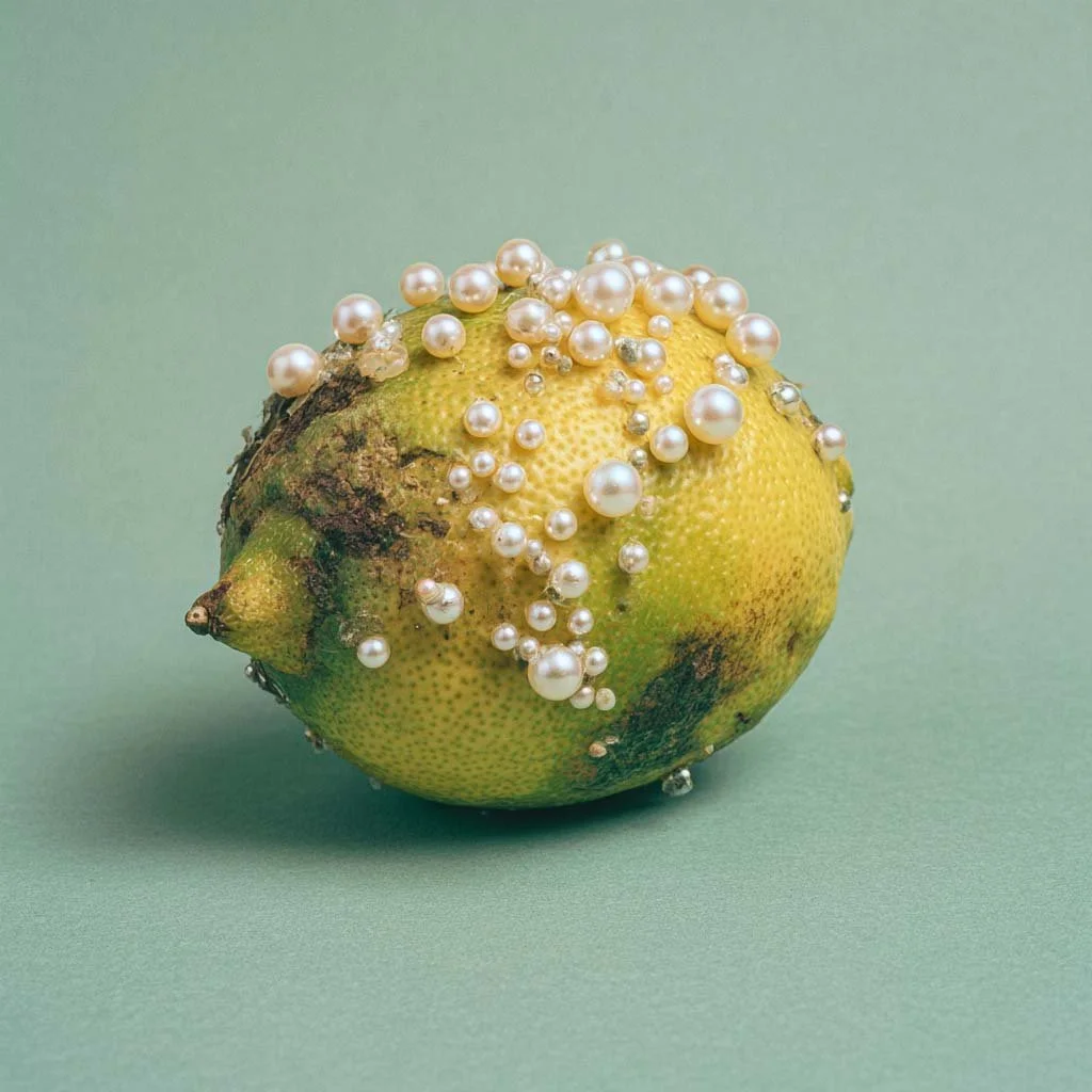 Una mela verde con alcuni ammaccature, decorata con perle di perle e di dimensioni diverse, posizionata su uno sfondo verde