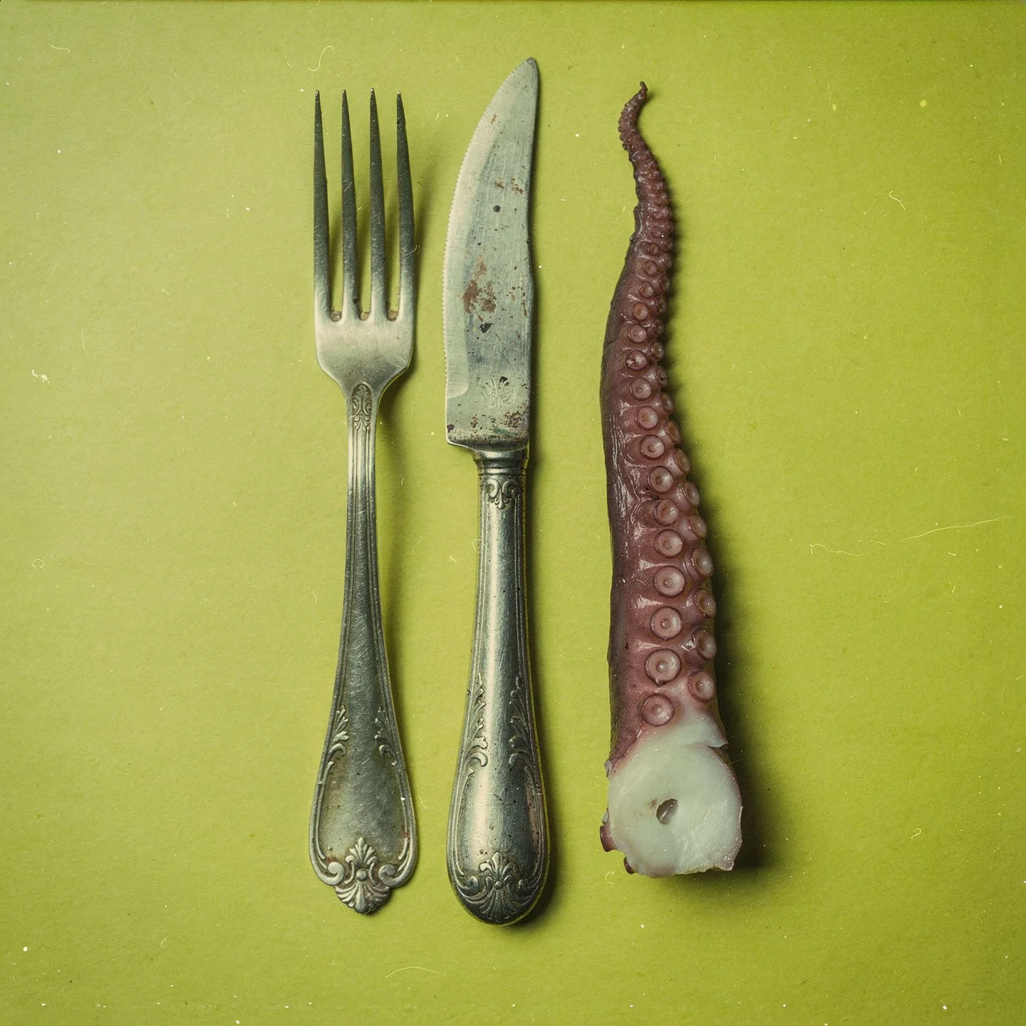 Set di posate con forchetta e coltello accanto a un tentacolo di polpo su uno sfondo verde.