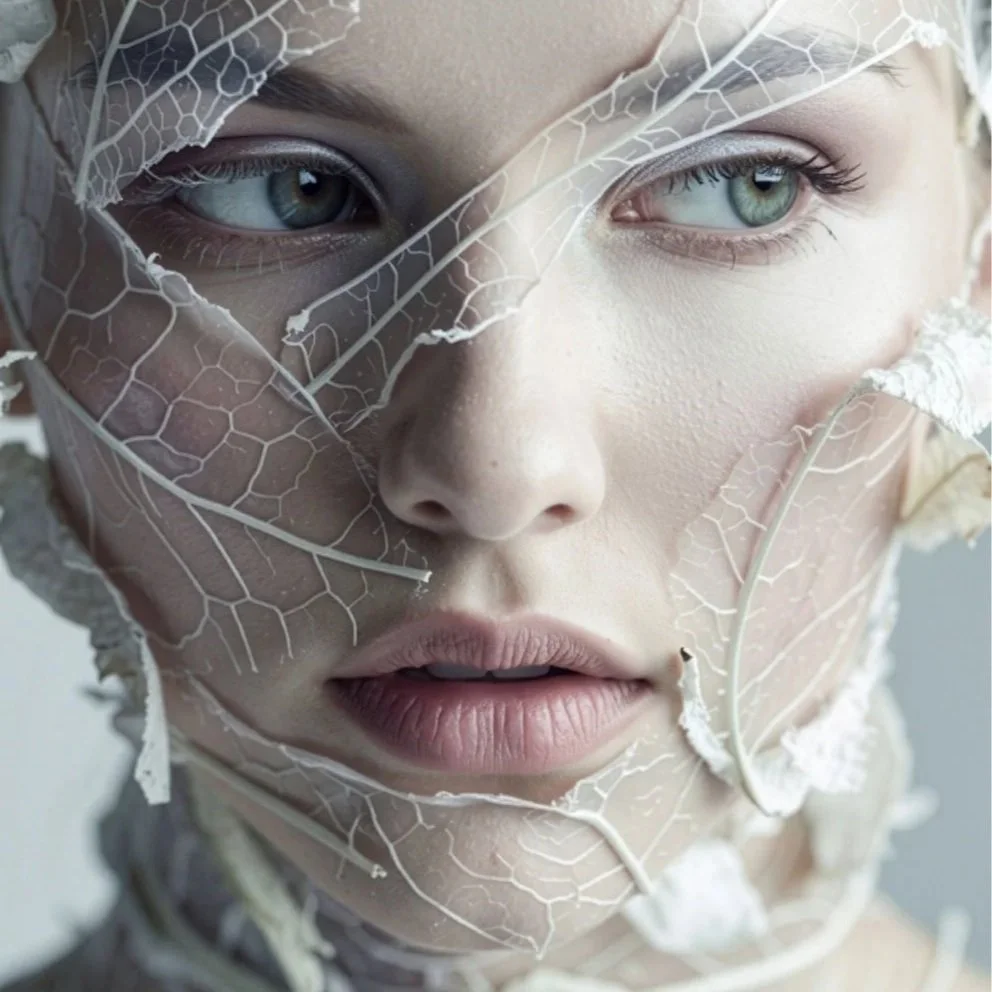 Primo piano di una donna con il volto coperto da logge di foglie secche con venature evidenti.