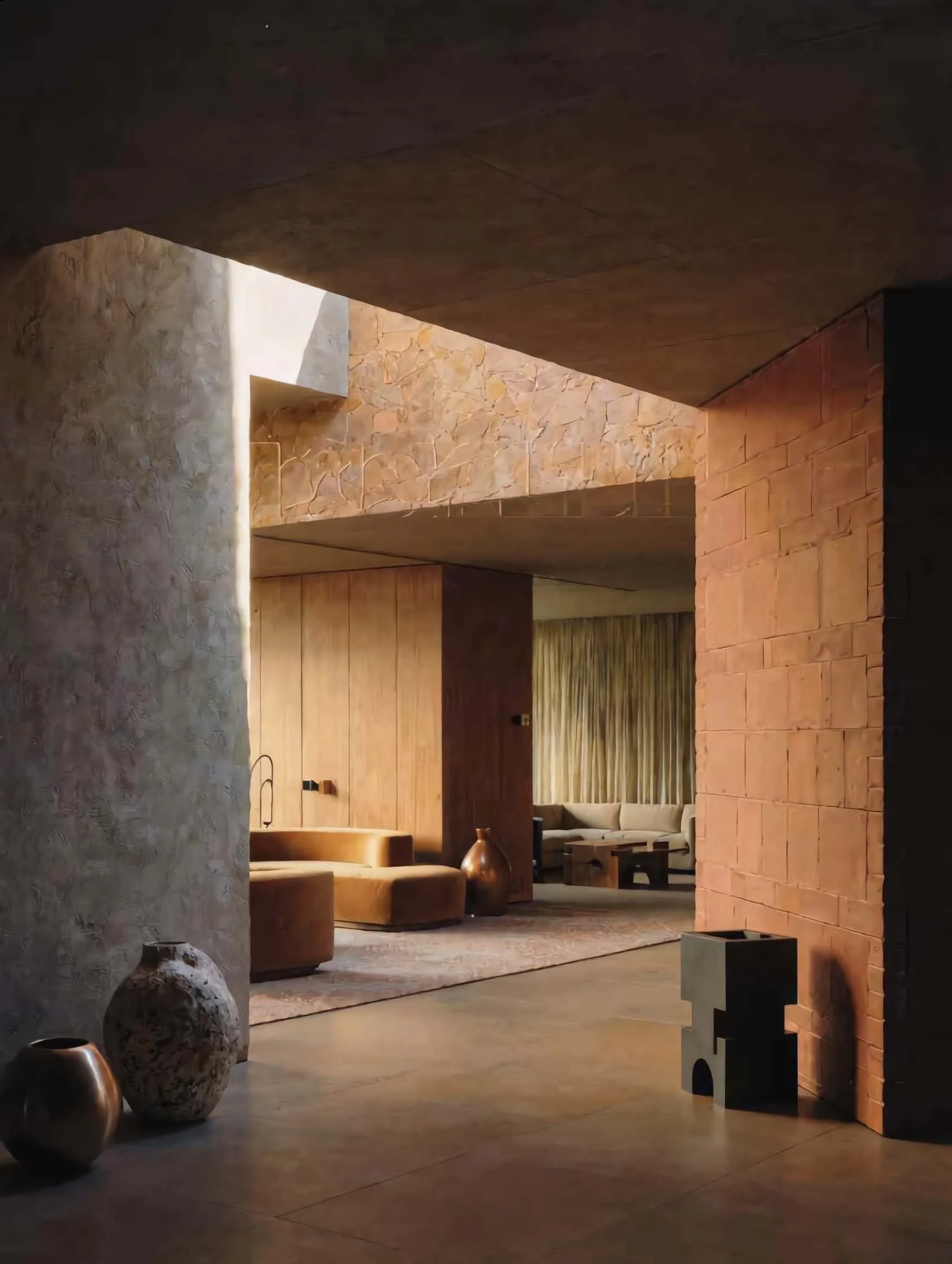 Interno di una stanza con pareti in mattoni e legno, arredi moderni in materiali caldi, vasi decorativi e un grande tappeto.