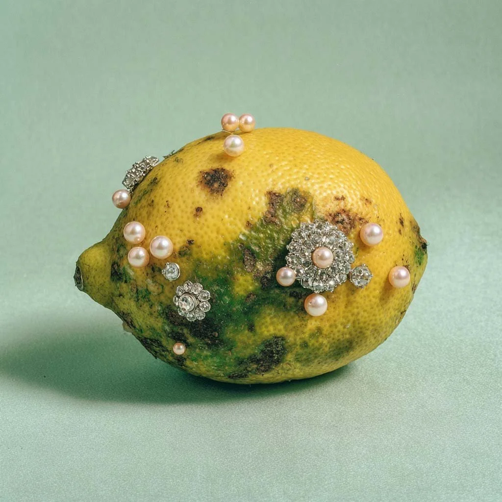 Un limone con macchie e deformazioni decorato con perle e gioielli