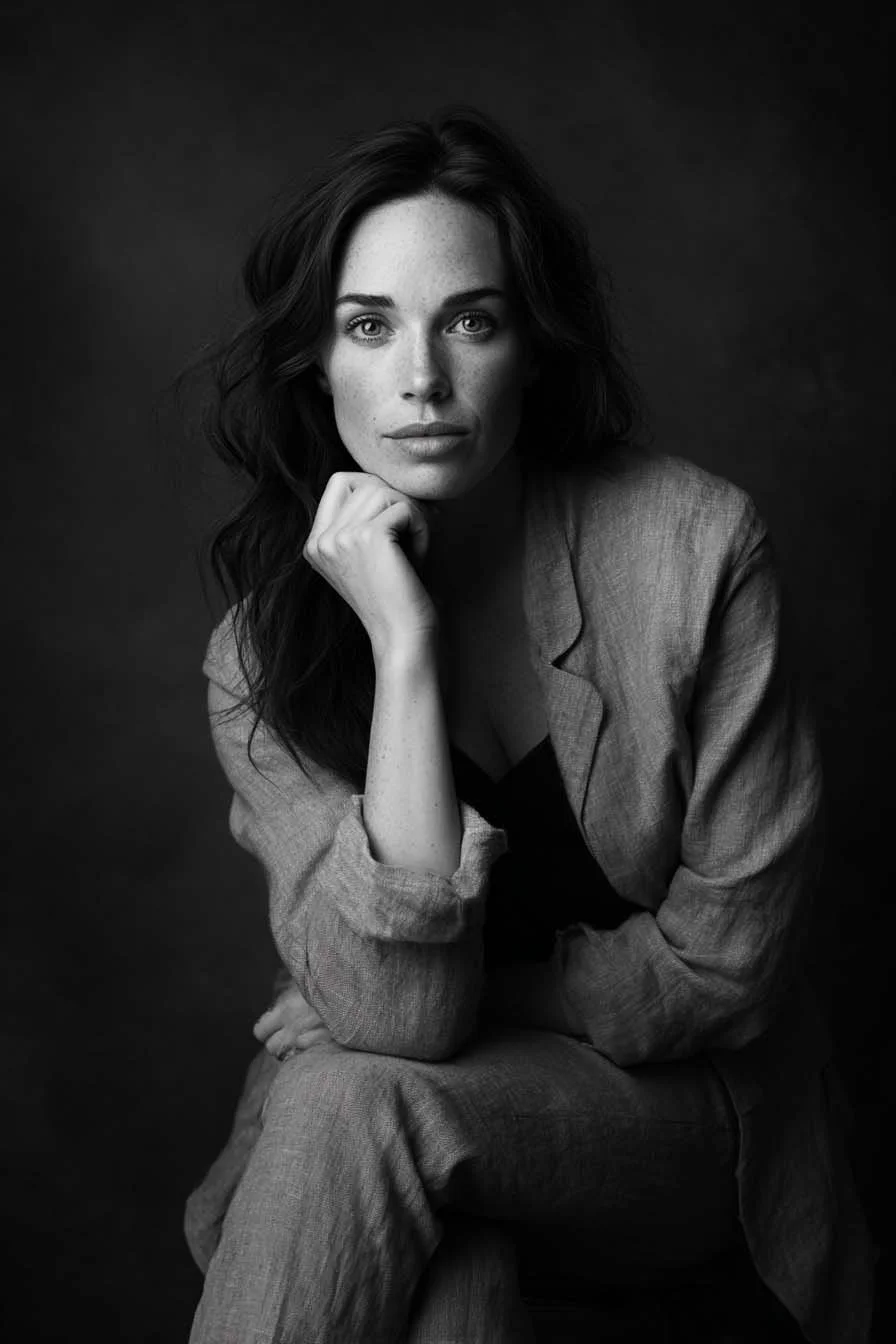 Ritratto in bianco e nero di una donna con capelli mossi, seduta con il braccio piegato e il mento appoggiato sulla mano, con uno sguardo pensieroso di fronte a uno sfondo scuro.