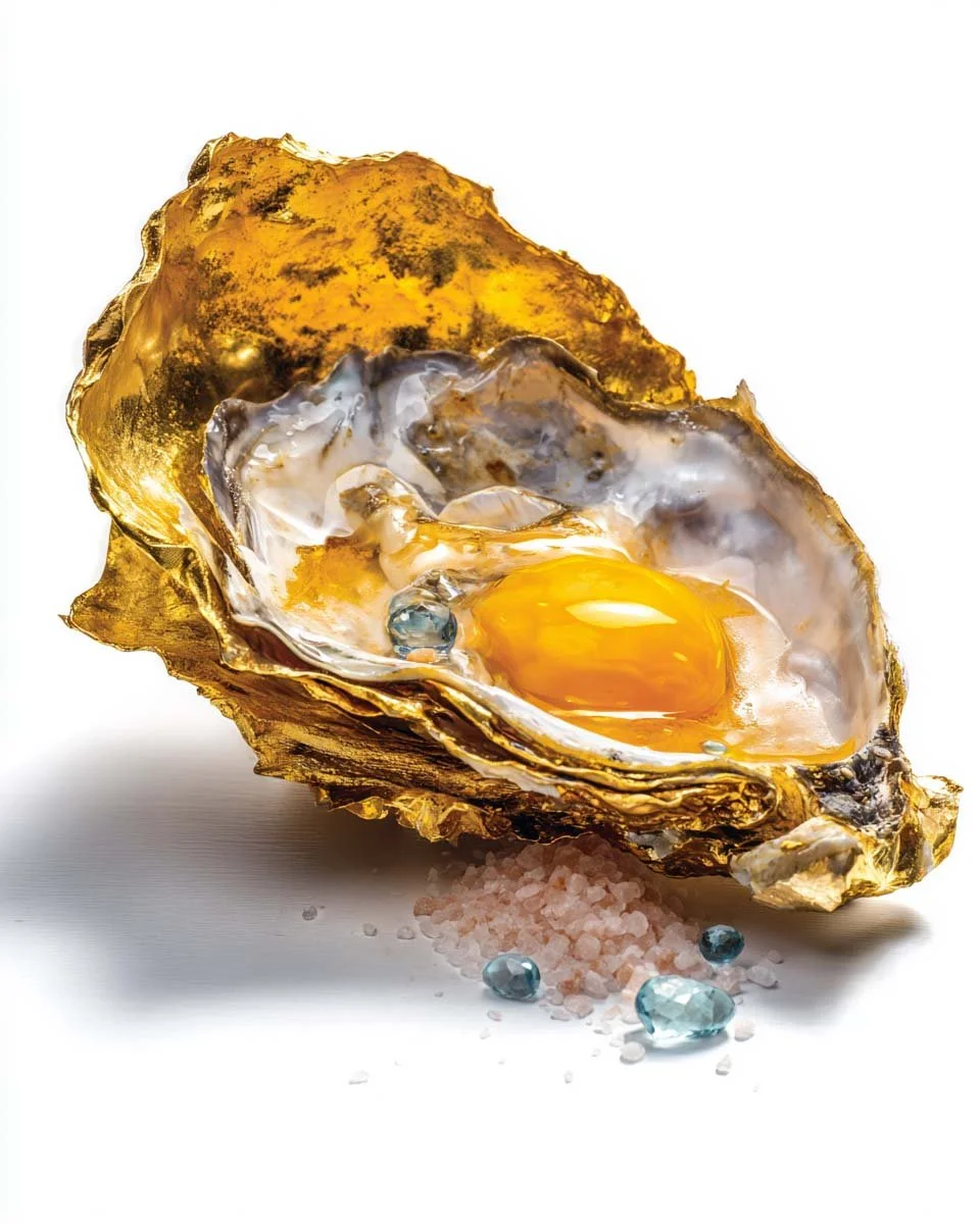 Ostrica aperta con tuorlo d'uovo, sale rosa e cristalli blu