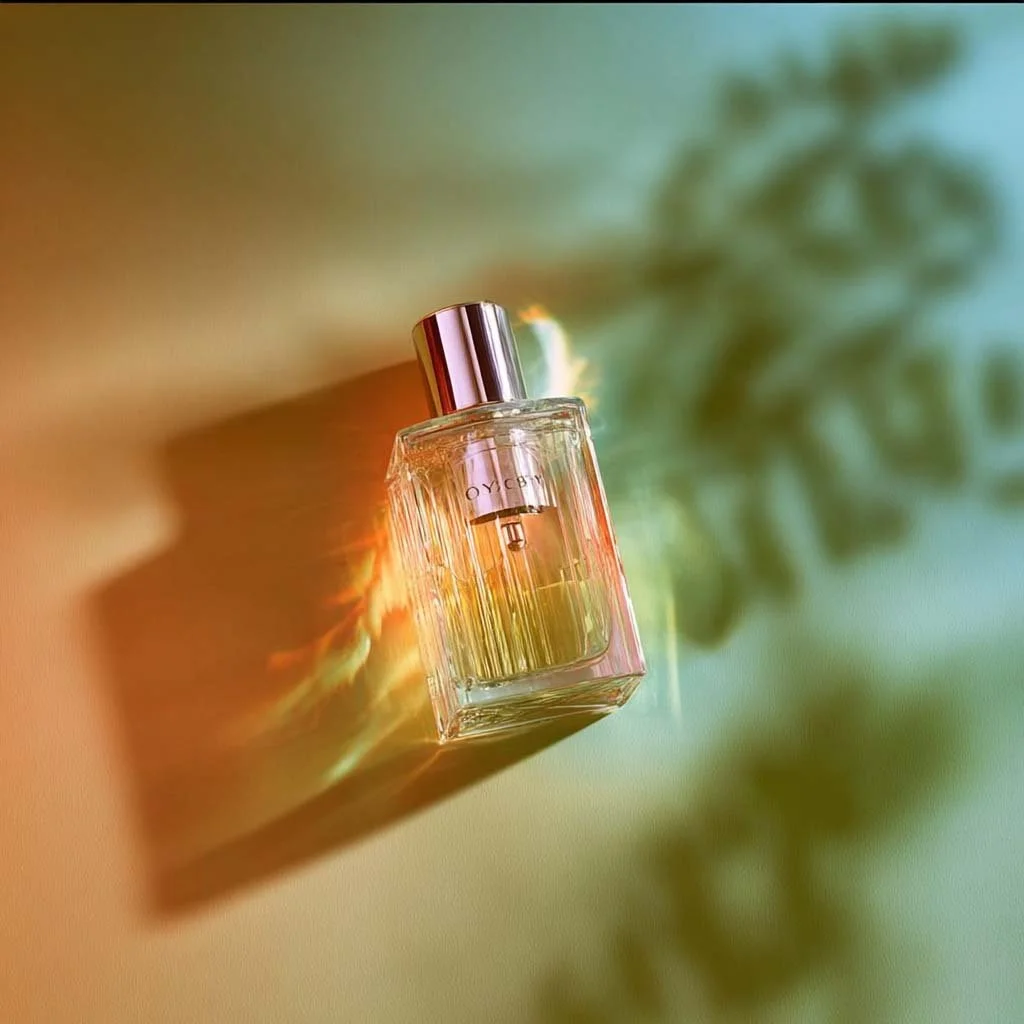 Profumo in bottiglia di vetro con luce e ombreggiature colorate