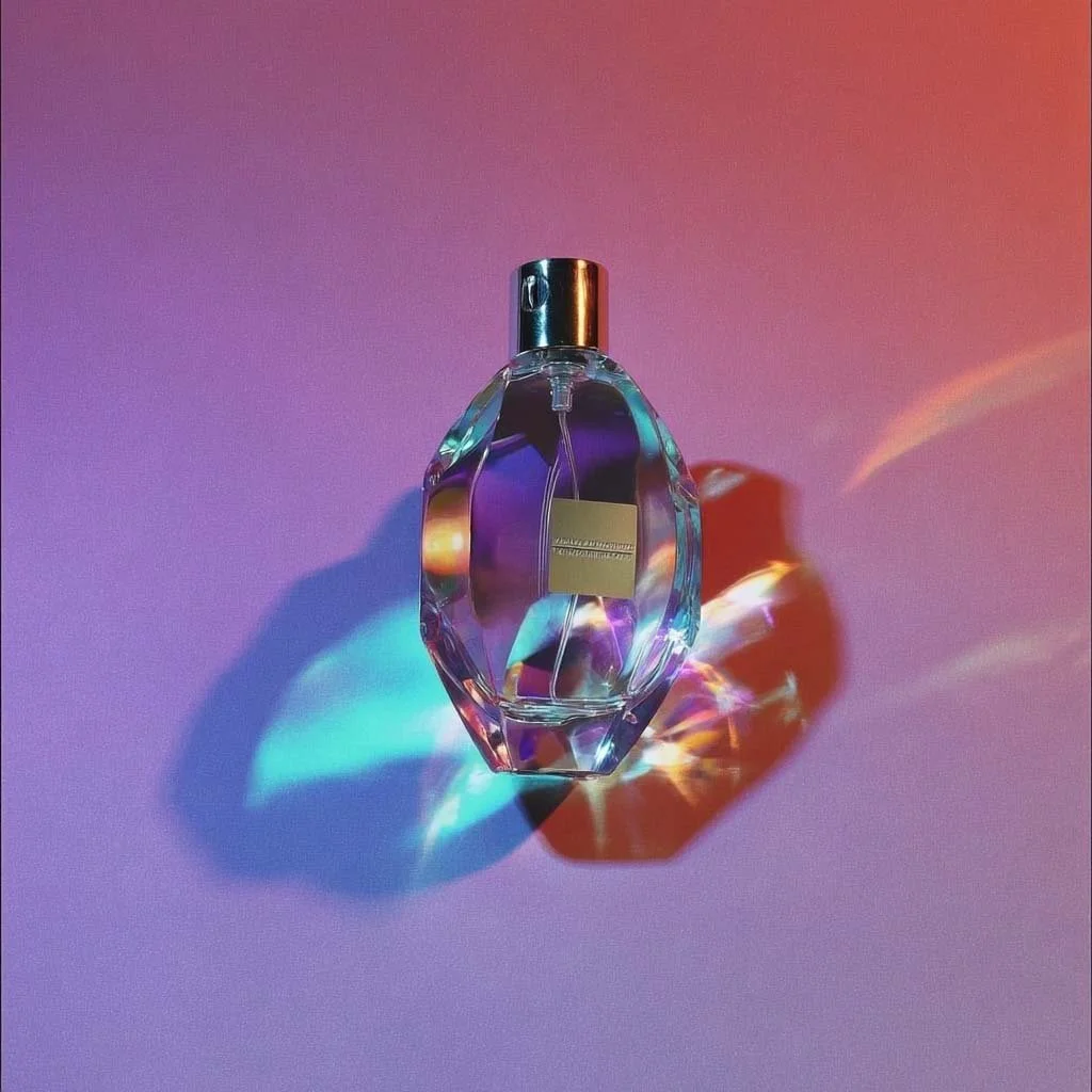 Una bottiglia di profumo di forma ovale e decorativa, con riflessi di luce colorati, posta su uno sfondo rosa con iridescenze.