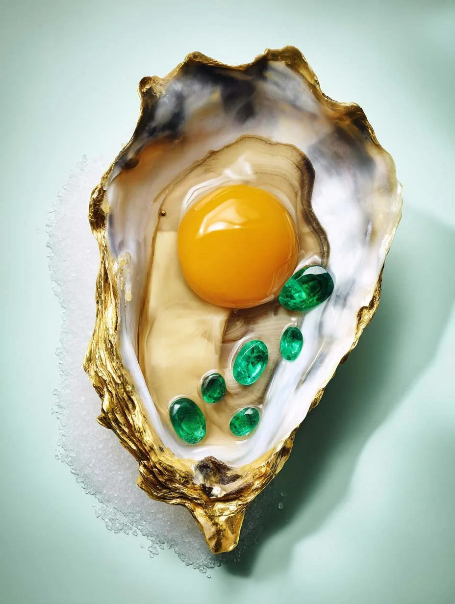 Coquillage con un uovo di gallina e sei pietre verdi su di esso.