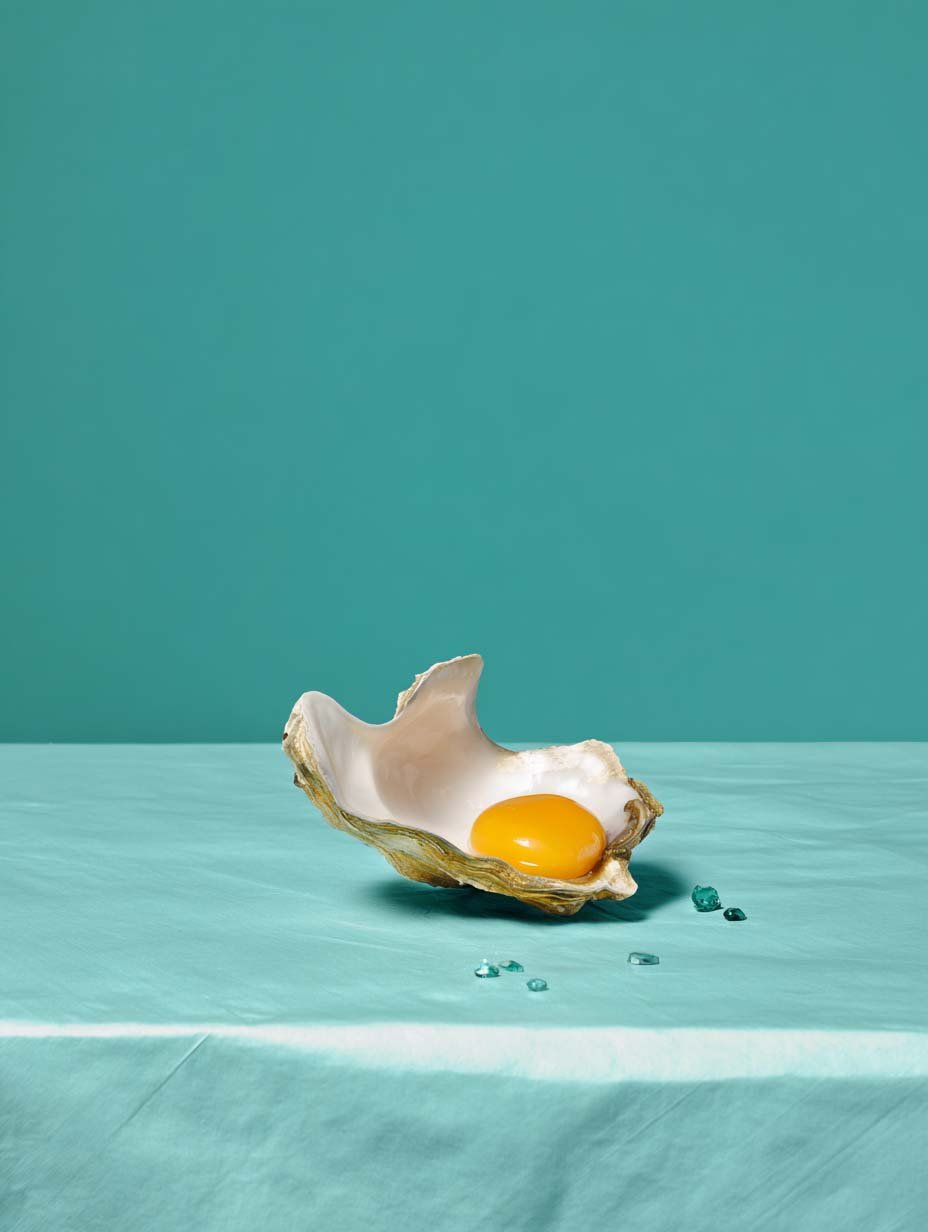 Uovo di gallina crudo dentro di un guscio aperto, posato su una superficie azzurra con un sfondo azzurro uniforme.