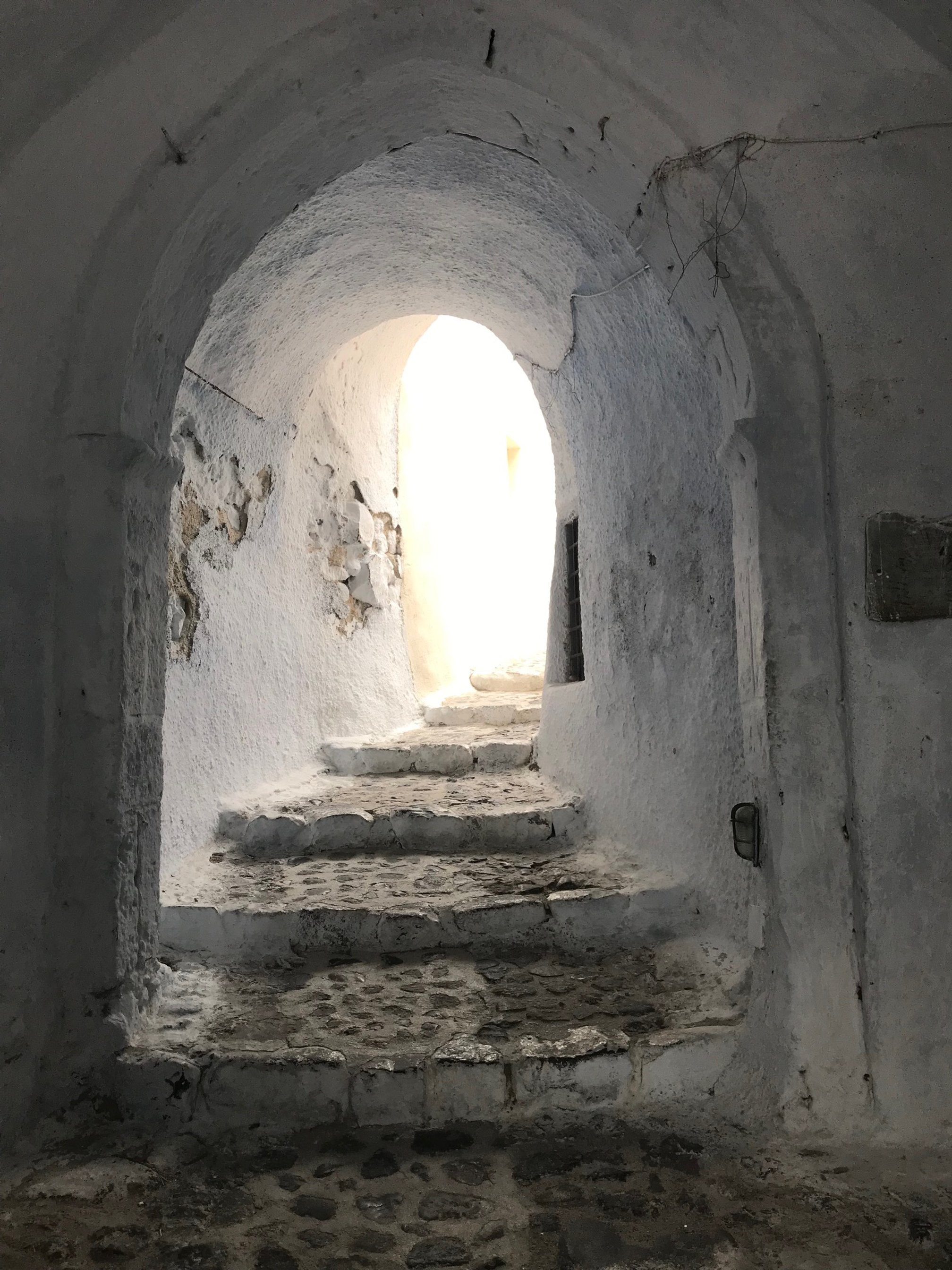 Stone steps leading to an arched doorway with bright light shining through.