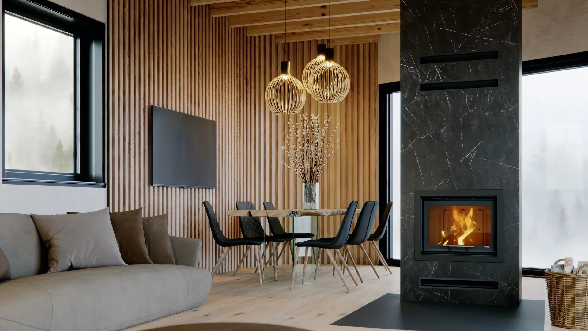 Modern living room with beige sofa, wooden wall, black TV, dining table with six black chairs, vase with branches, fireplace with black marble surround, large windows, and fireplace with fire.