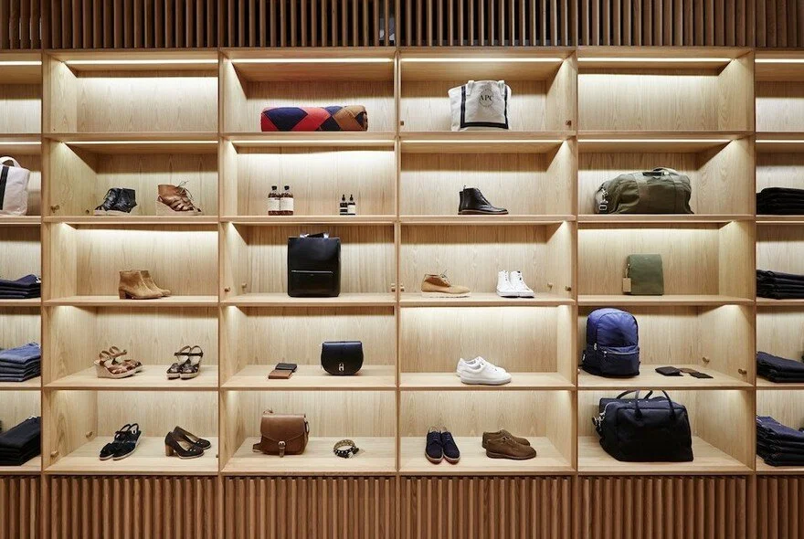 Wooden shelving unit displaying shoes, bags, and accessories in a retail store.