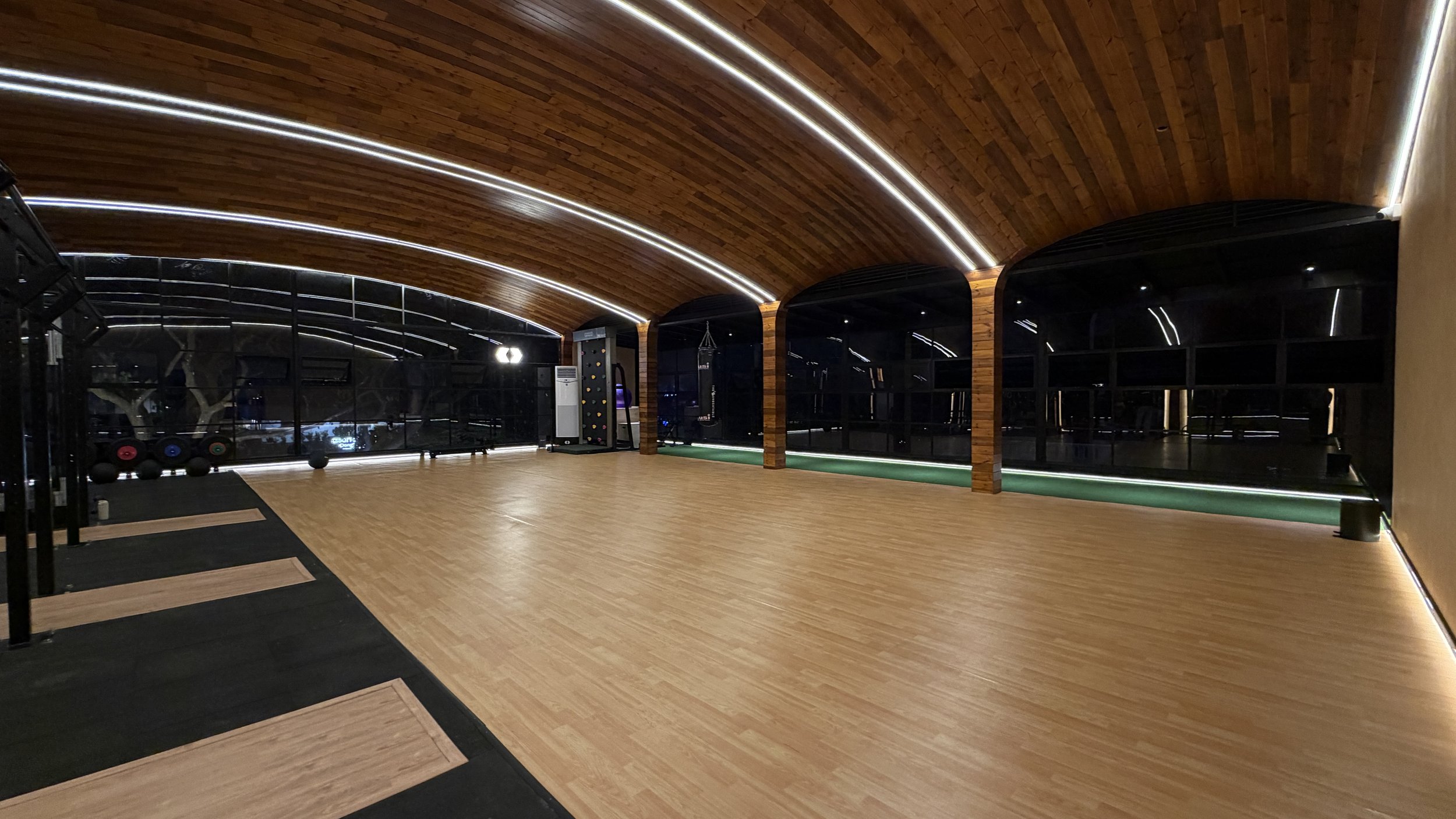 Empty modern gym with wooden floors, curved wooden ceiling with LED strip lights, large windows, and gym equipment including weights and punching bags.