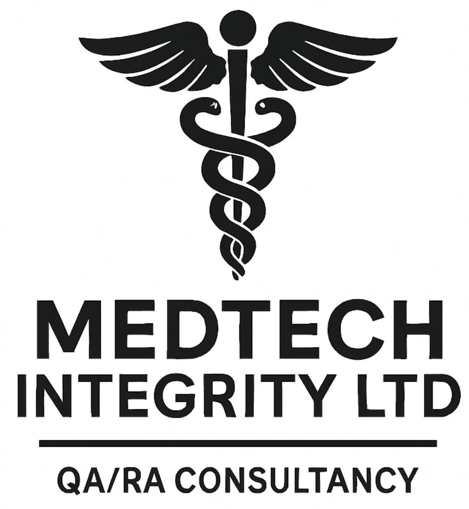 Logo for Medtech Integrity Ltd featuring a caduceus symbol with wings and a staff, along with the company name and description.