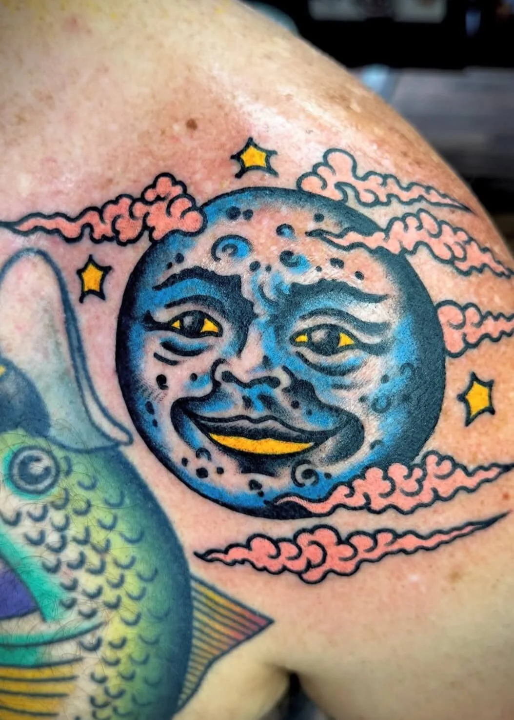 Mitch Oscar Sydney Traditional Tattoo Moon Face Shoulder