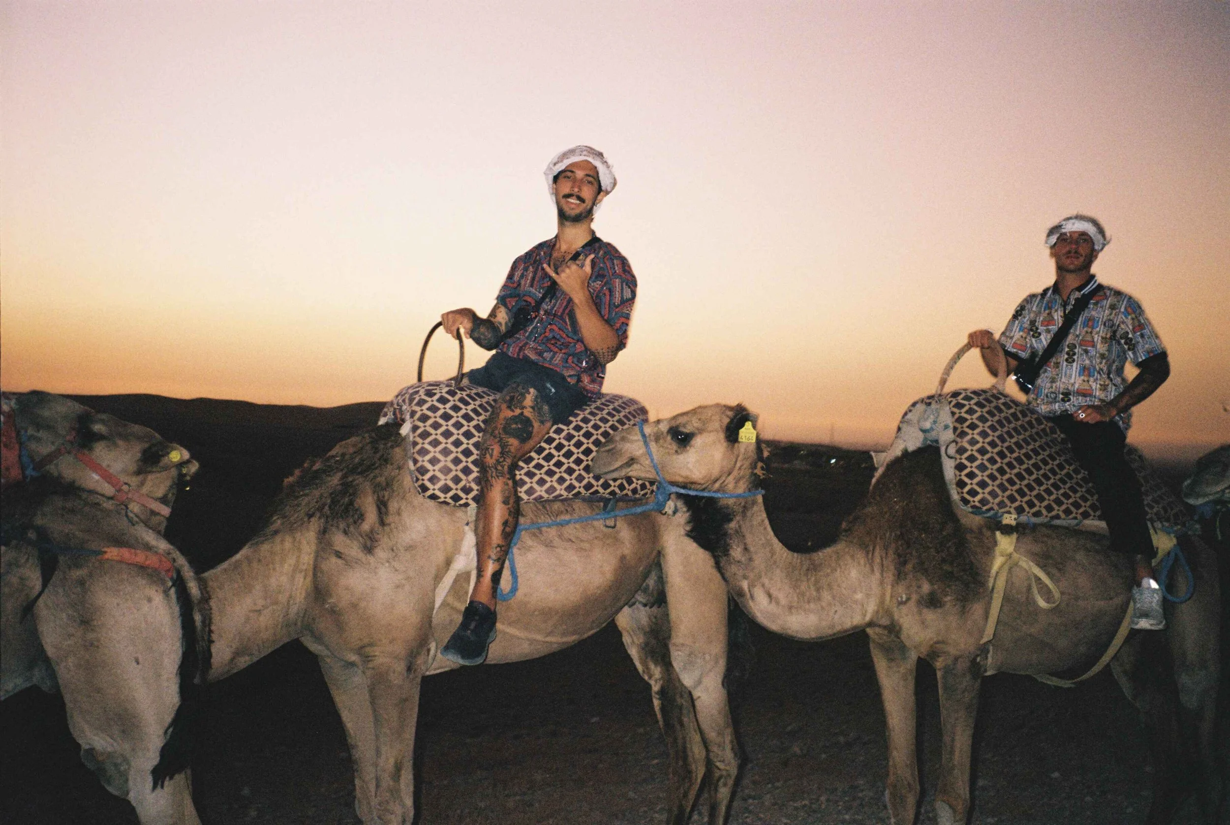 Professional tattoo artist riding camel during travel