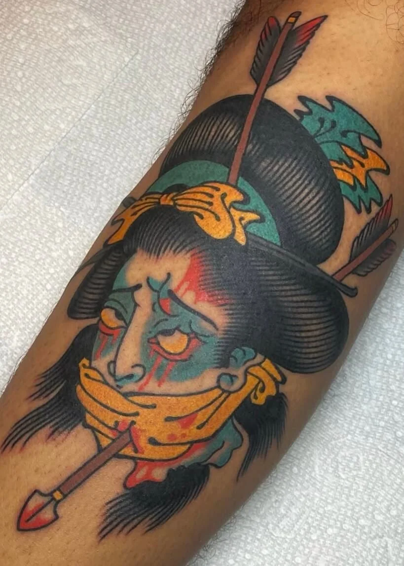 Mitch Oscar Sydney Traditional Tattoo Namakubi Severed Head Arrows