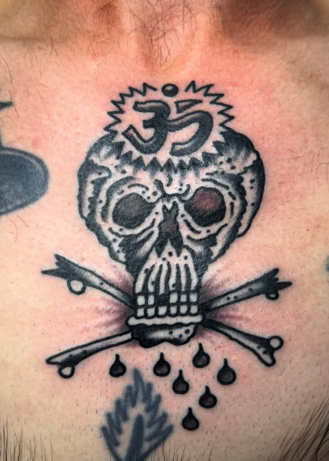 Tattoo of a skull with crossbones, a large skull with a brain and skeleton features, with eyes hollowed out, and bones crossing beneath it. The skull has a top design resembling a burst with the words "MOM" and the number "35" inside.