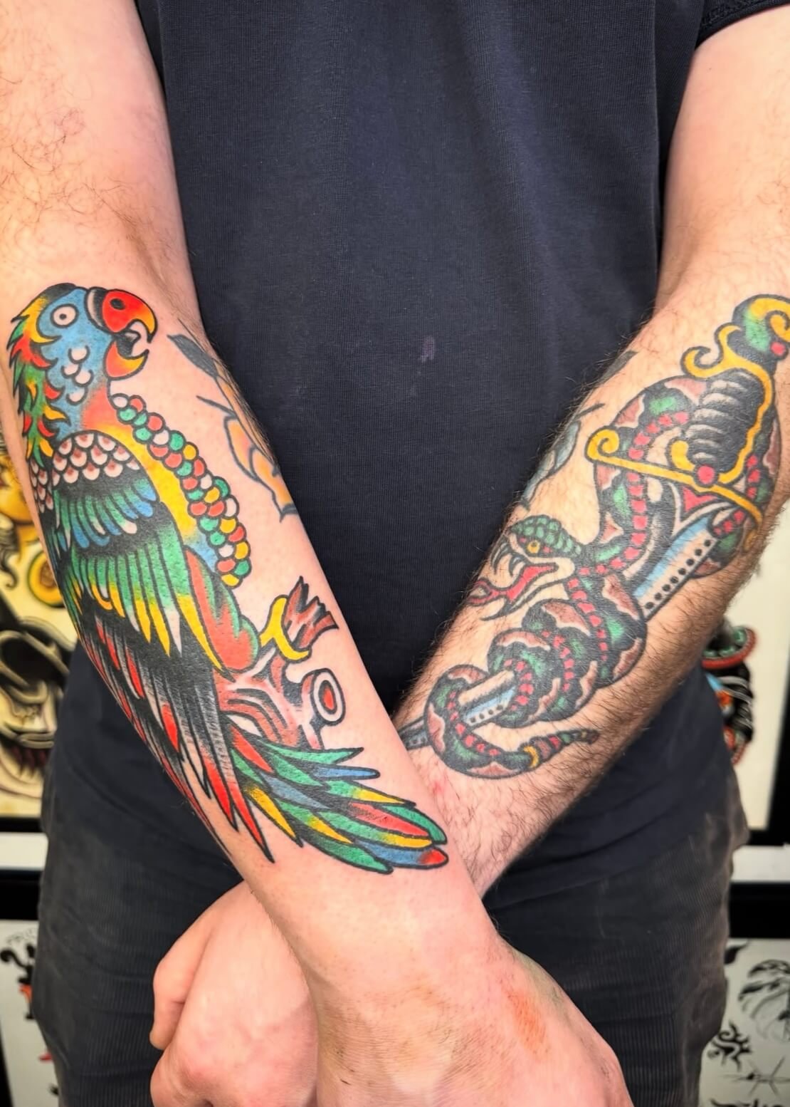 Mitch Oscar Sydney Traditional Tattoo Parrot Snake Dagger Forearm