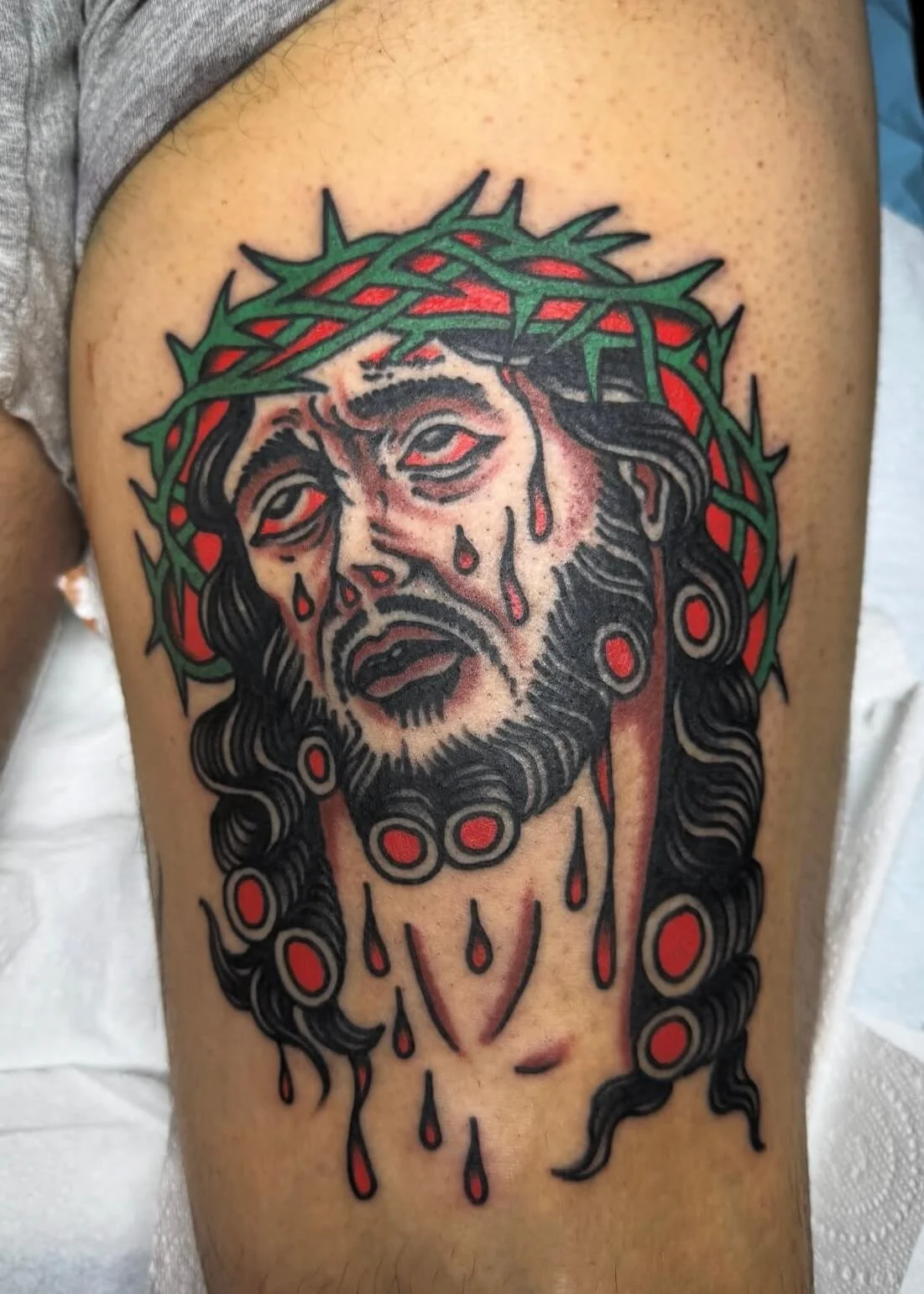Mitch Oscar Sydney Traditional Tattoo Jesus Leg Tattoo