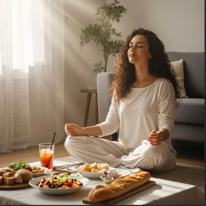 Woman meditating in a cozy living room with snacks and drinks on the floor.