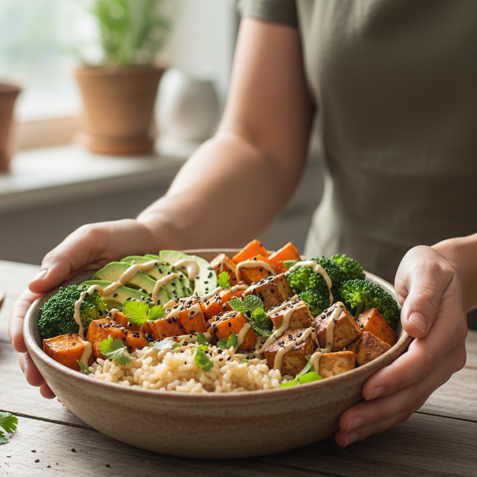 A person holding a bowl of tofu and vegetable salad with broccoli, avocado, sweet potatoes, and rice, garnished with cilantro and drizzled with dressing.