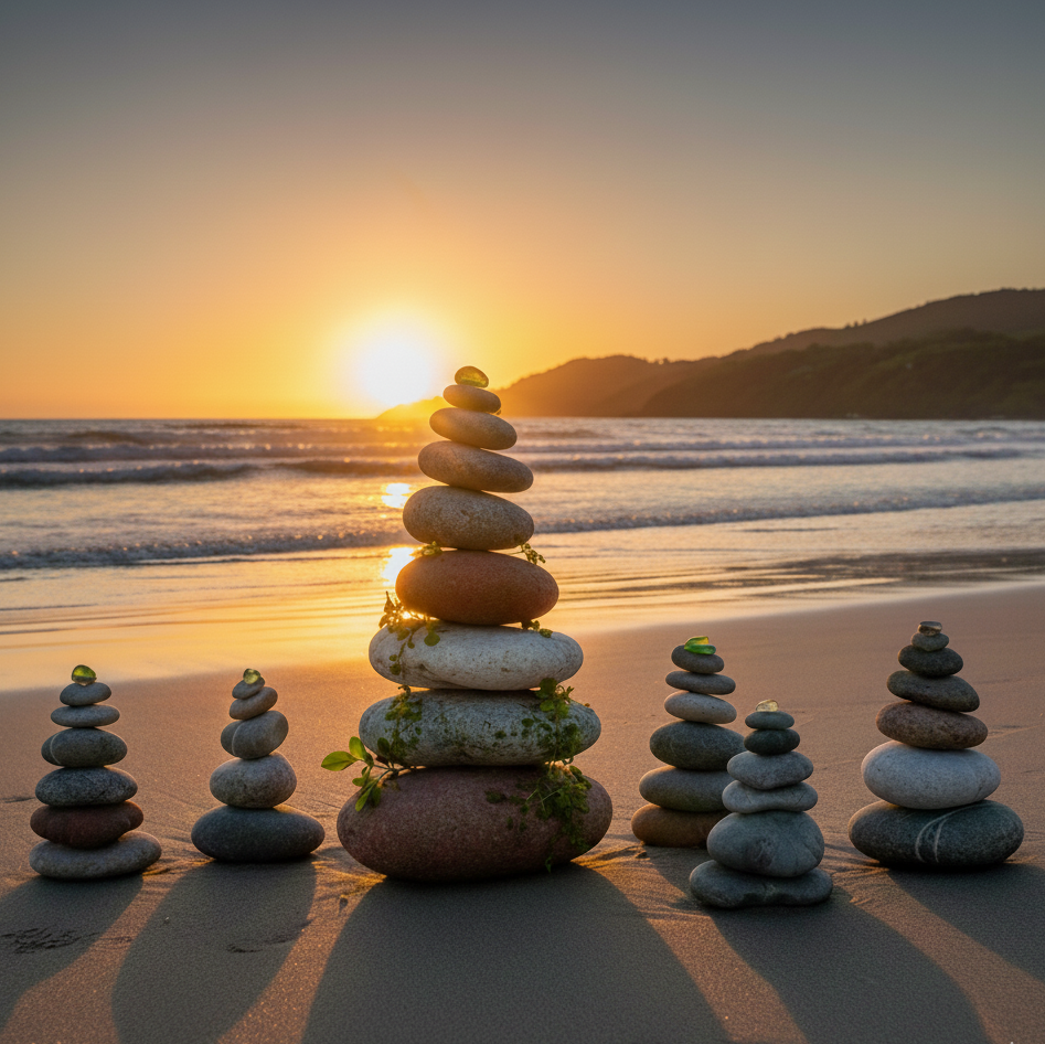 Picture reflecting the RESTORE therapy package - Columns of stones balancing on a tranquil beach symbolising the body's natural ability to re-balance and restore health. .