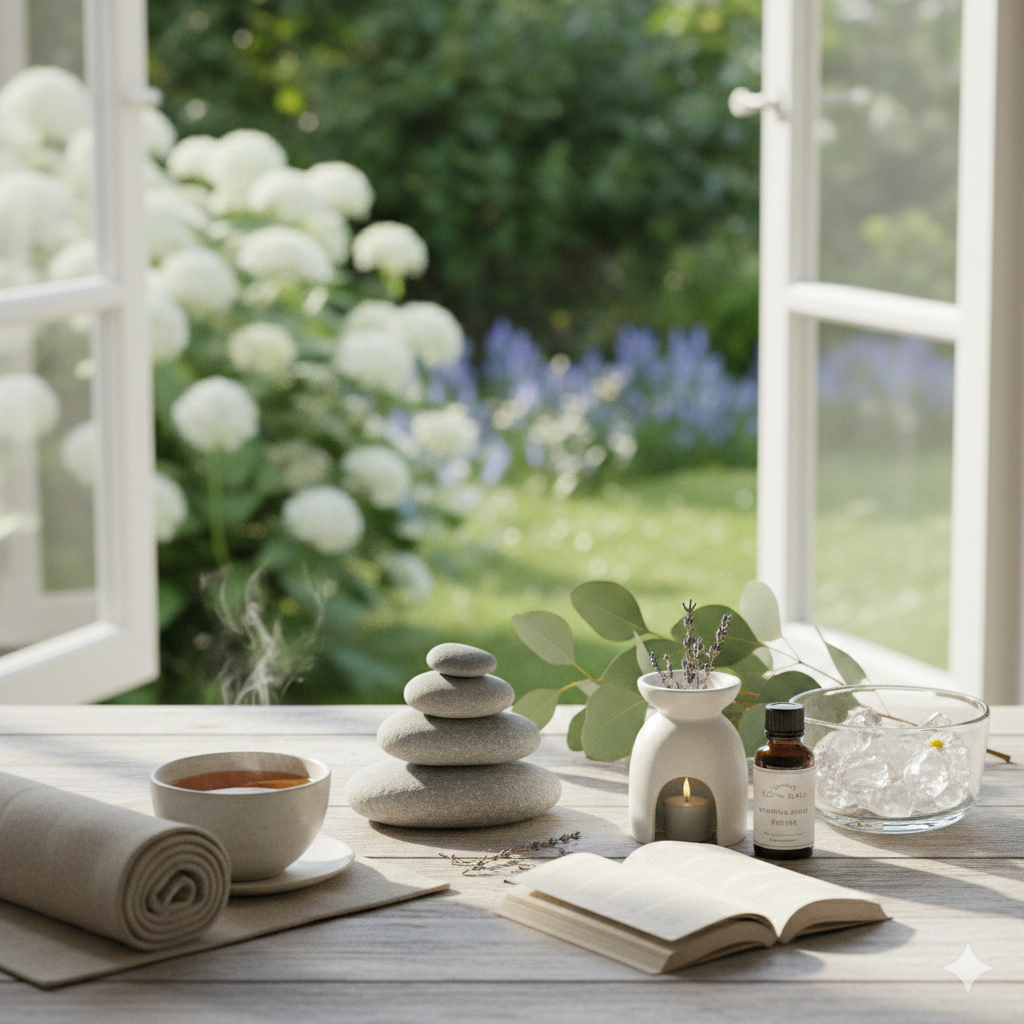 Consultation room with desk, books, and plant with window opening to garden