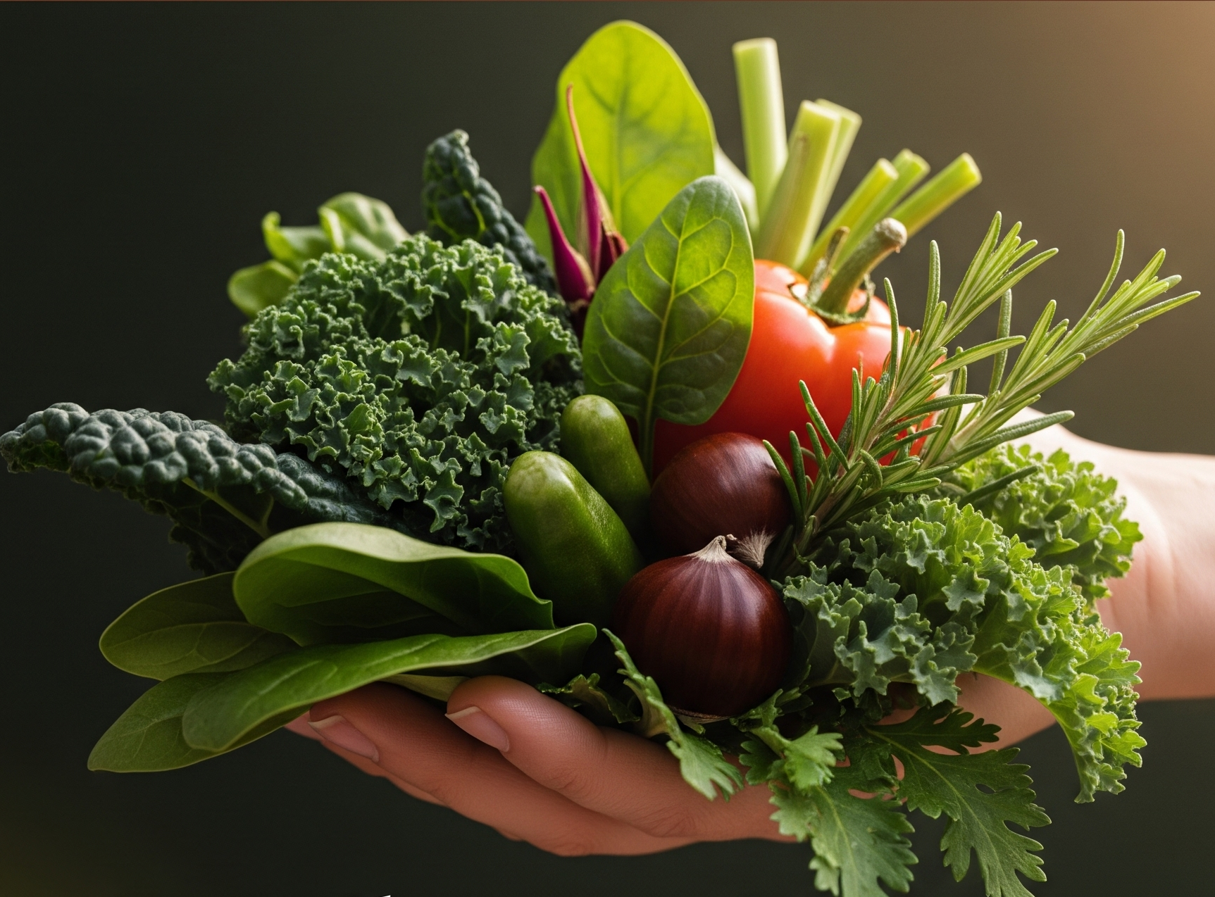 A hand holding a variety of fresh green vegetables and herbs, including kale, spinach, onions, tomato, cucumber, rosemary, and celery stalks.