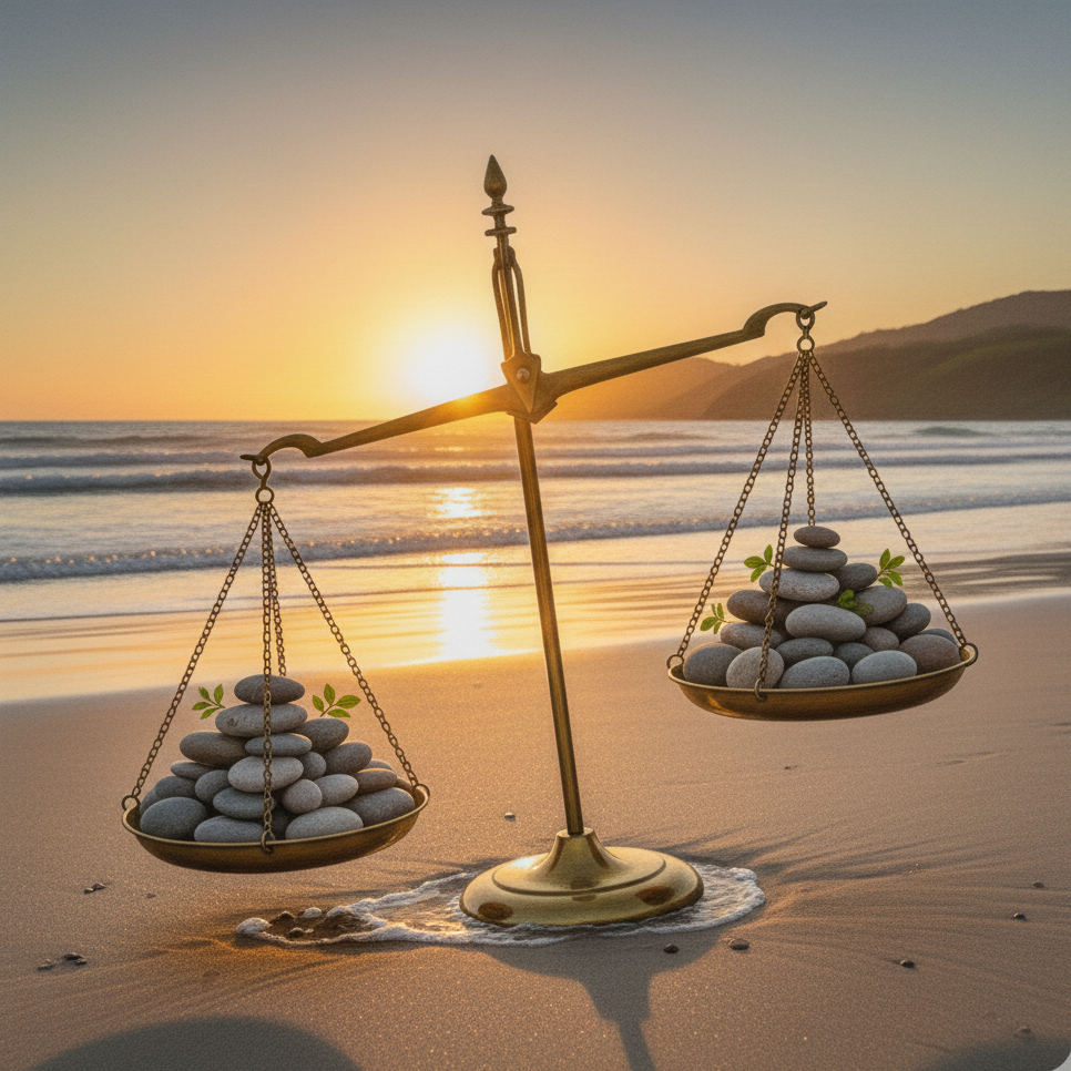 Picture for the REVISIT therapy package - showing an imbalanced set of weighing  scales on a beach.-