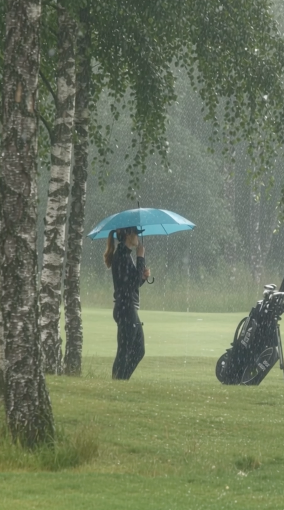 Nainen seisoo golfkentällä sateessa, pitää sinistä sateenvarjoa, golfbag ja rullaavat golfmailat vieressään.