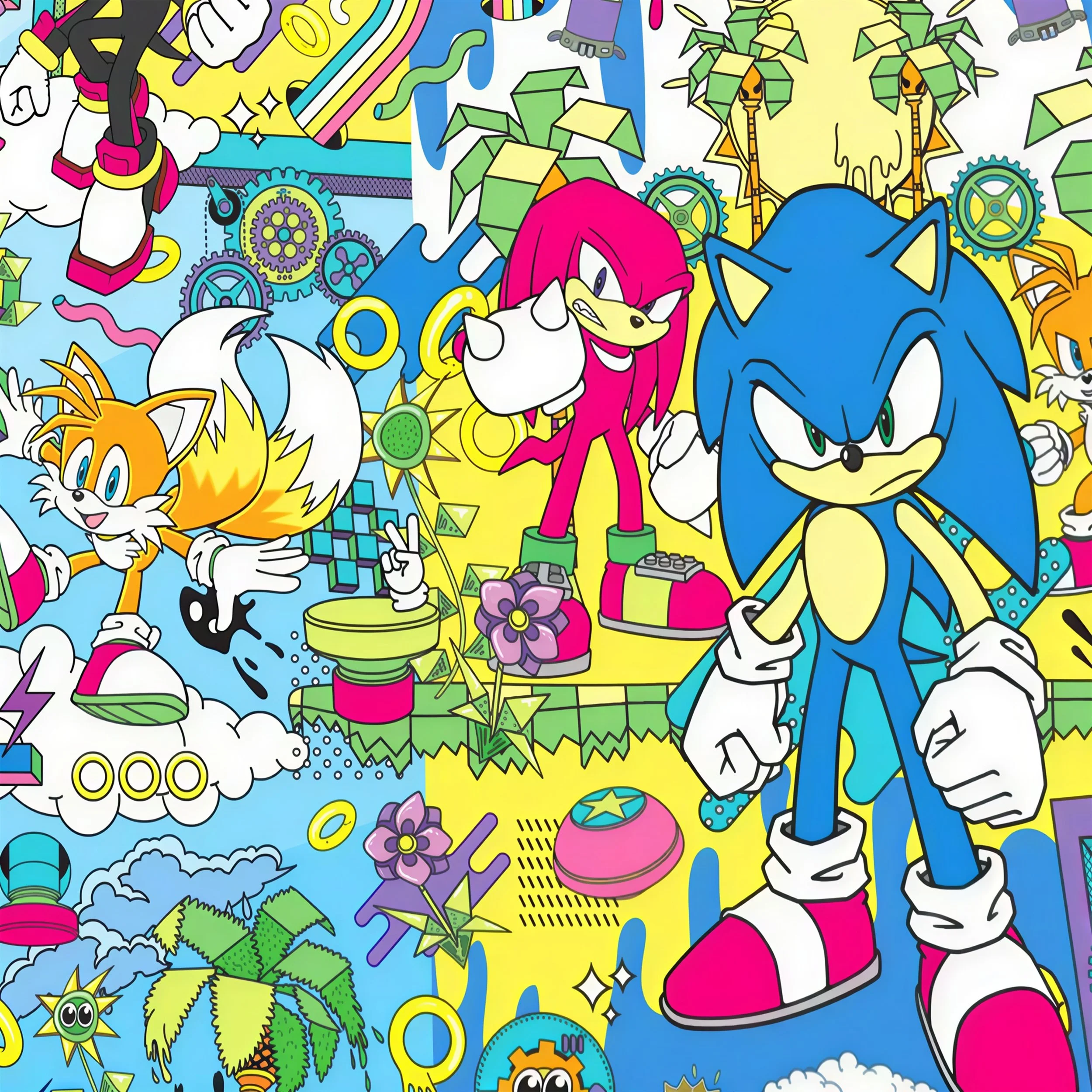 Colorful cartoon illustration featuring Sonic the Hedgehog and other characters with a vibrant background filled with gears, geometric shapes, and abstract designs.