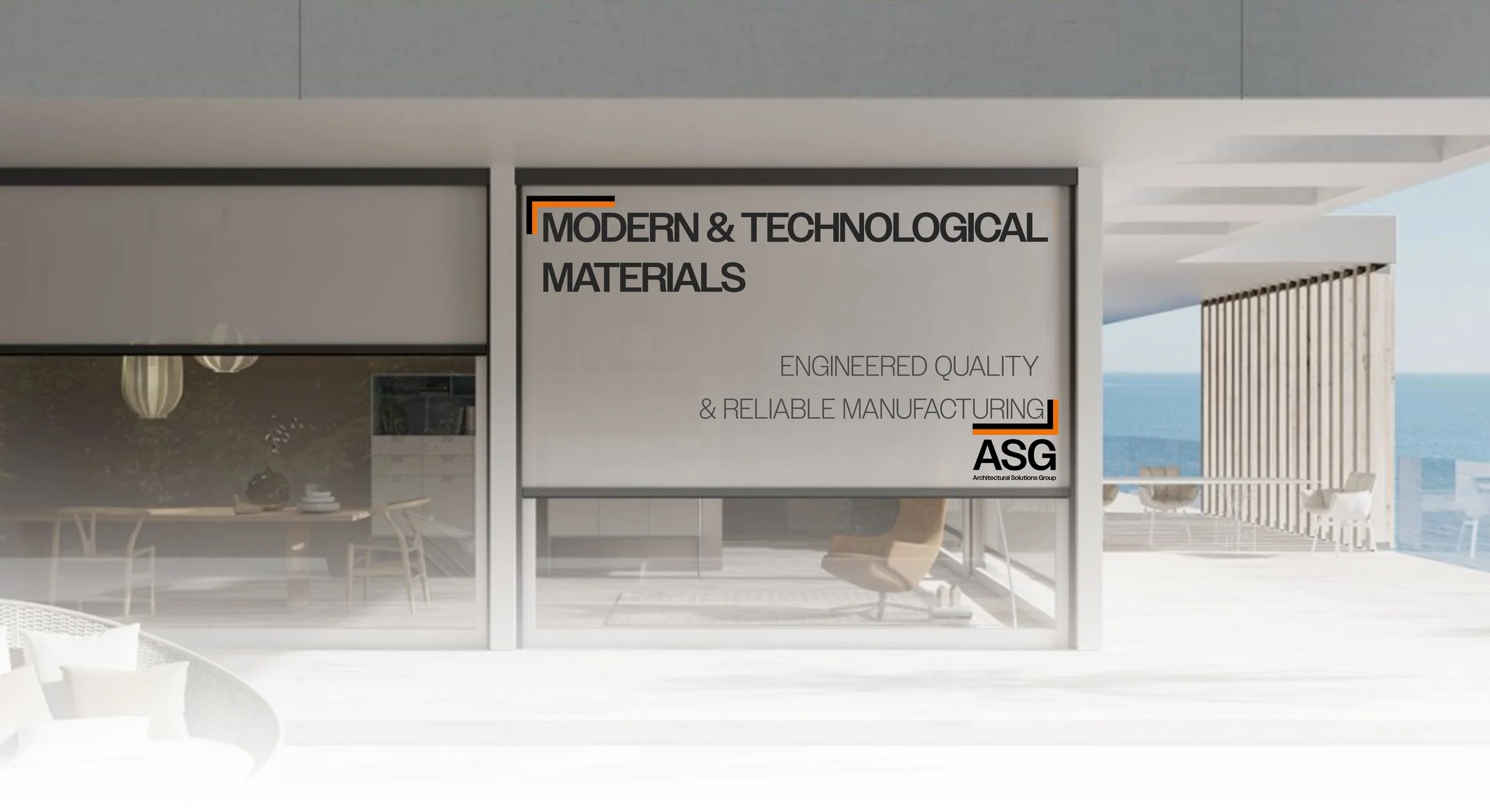 Modern building with large glass windows and an outdoor balcony overlooking the ocean. Sign on window displays text about modern and technological materials and quality.