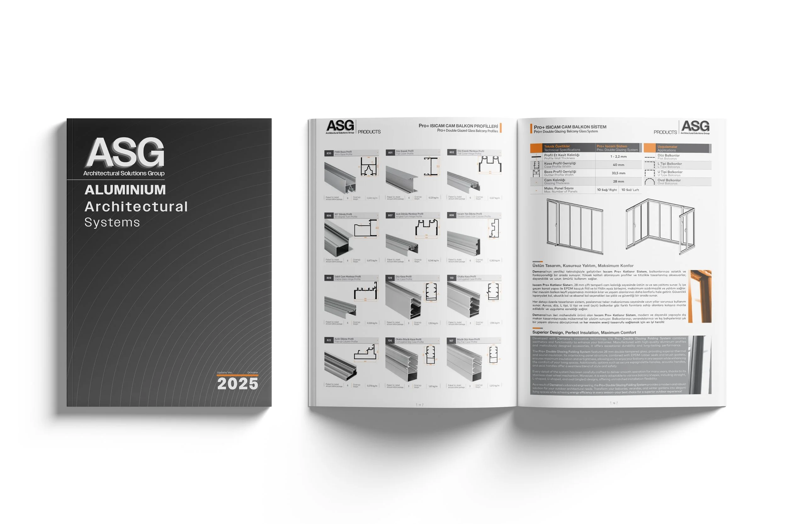 A gray catalog titled 'ASG Architectural Solutions Group Aluminium Architectural Systems 2025' next to an open brochure displaying technical specifications and diagrams of aluminum balcony profile systems.