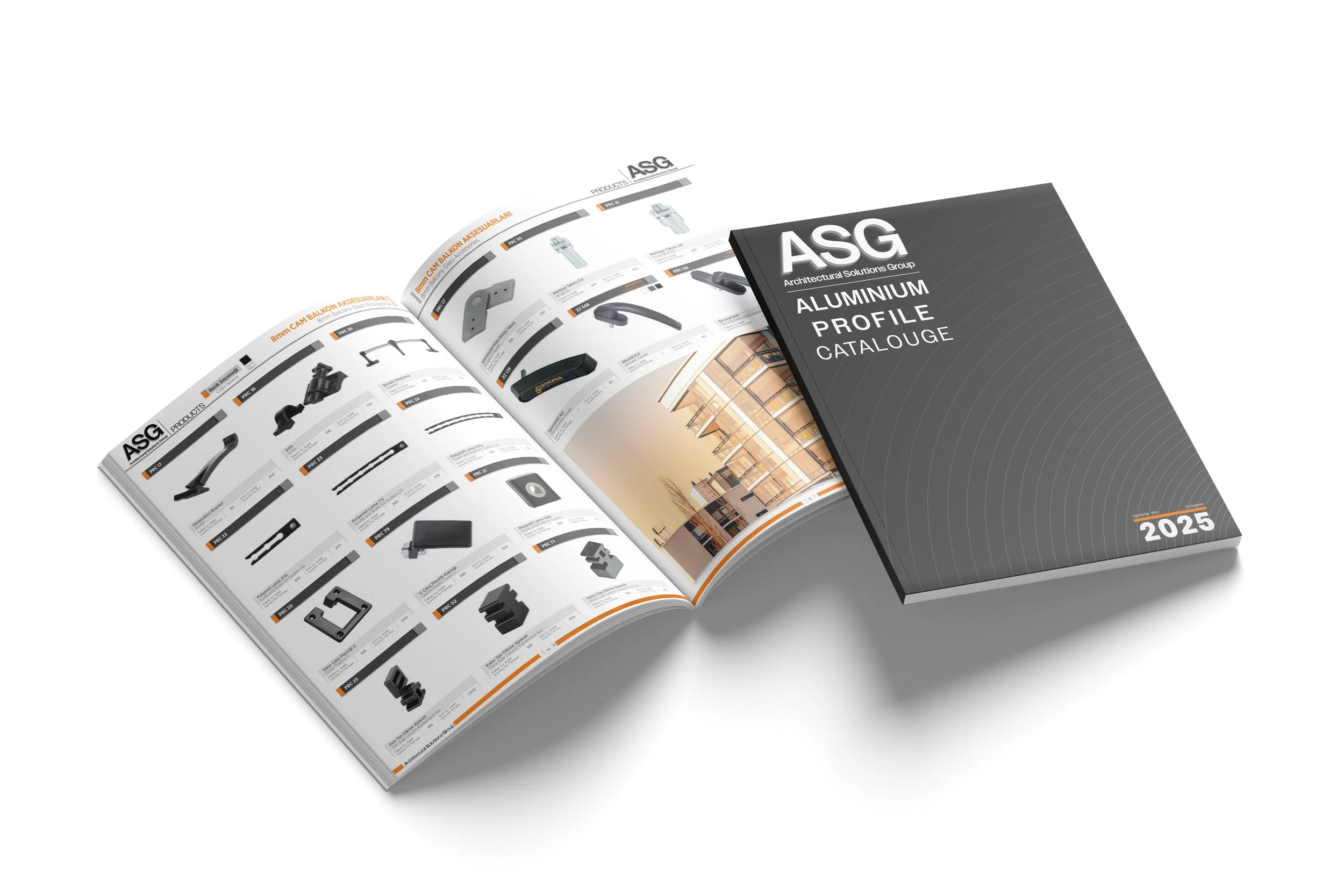 Open catalog of architectural aluminum profiles and accessories next to the closed catalog with black cover, titled 'ASG Aluminum Profile Catalog 2025'.