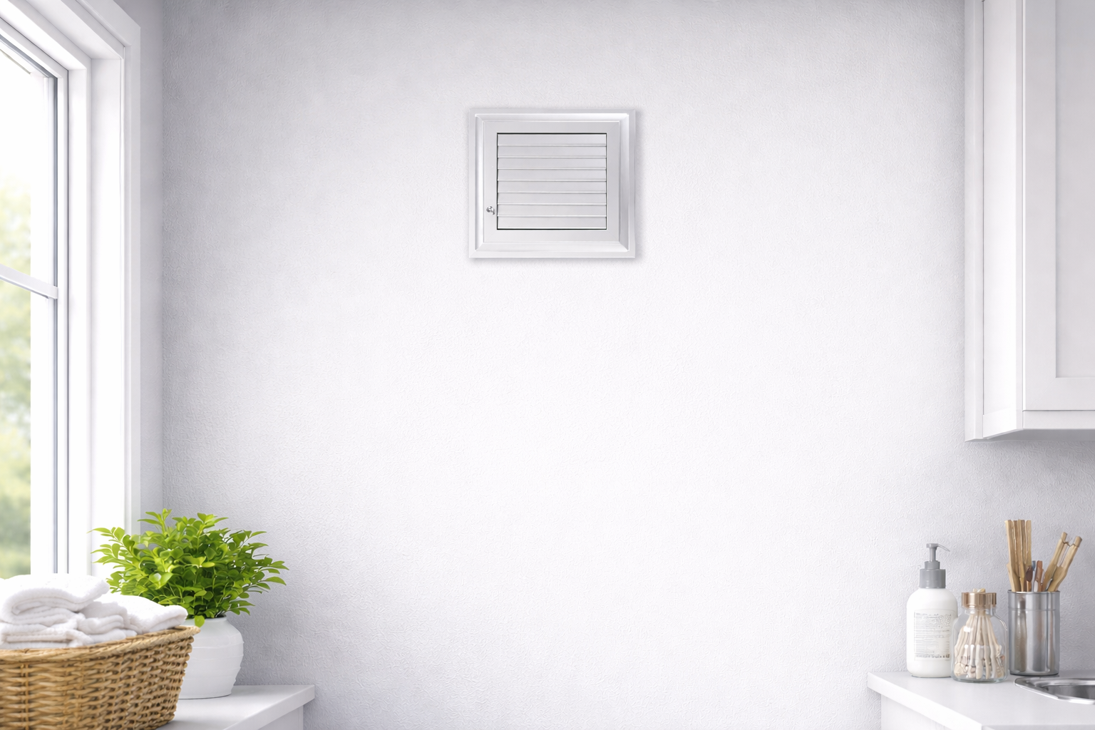 Clean white bathroom with a basket of towels, a potted plant, soap dispenser, and jars on a white countertop under a window, with a vent on the wall.