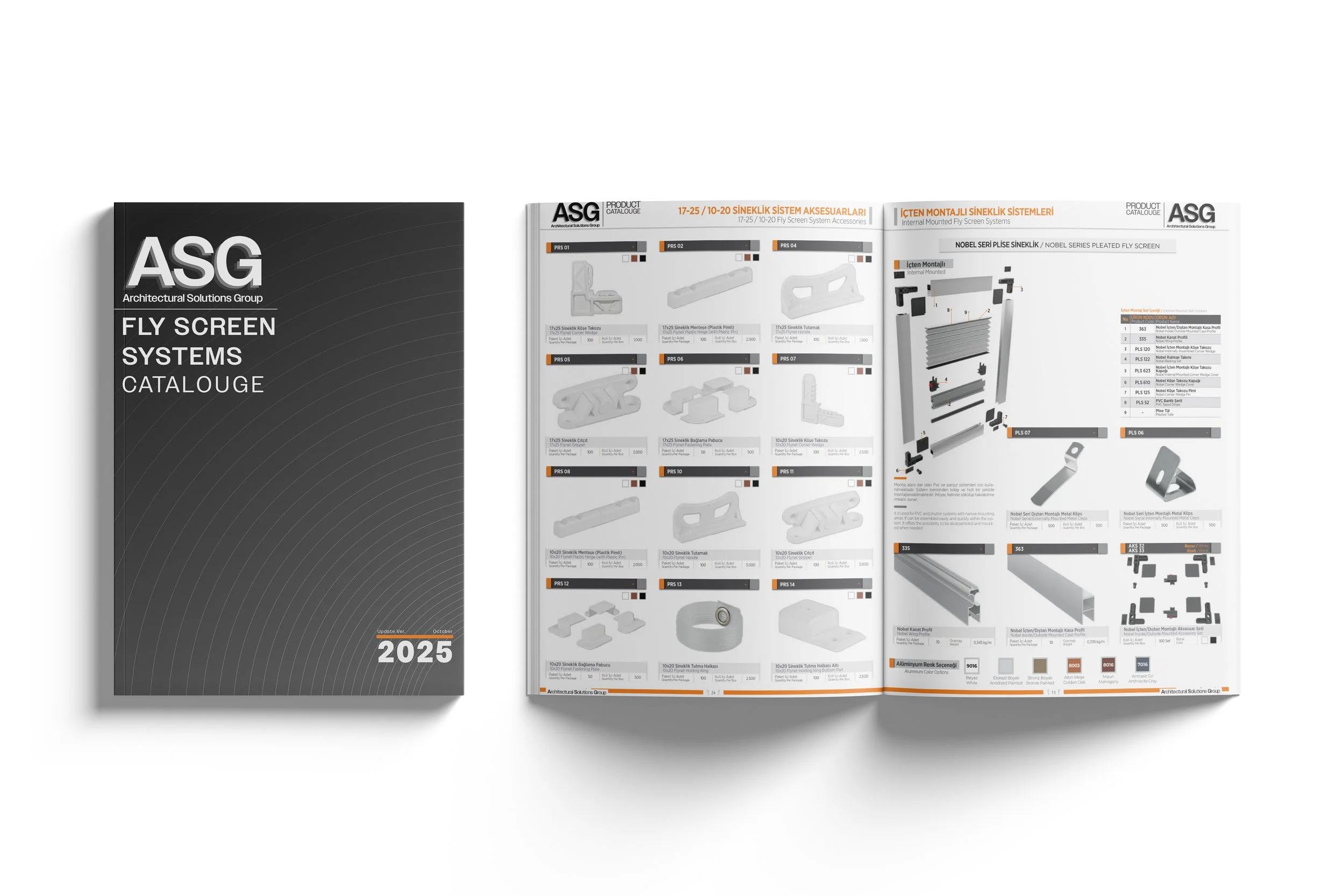 Open catalog of ASG Fly Screen Systems with detailed product diagrams and specifications, beside a closed catalog with a dark gray cover.