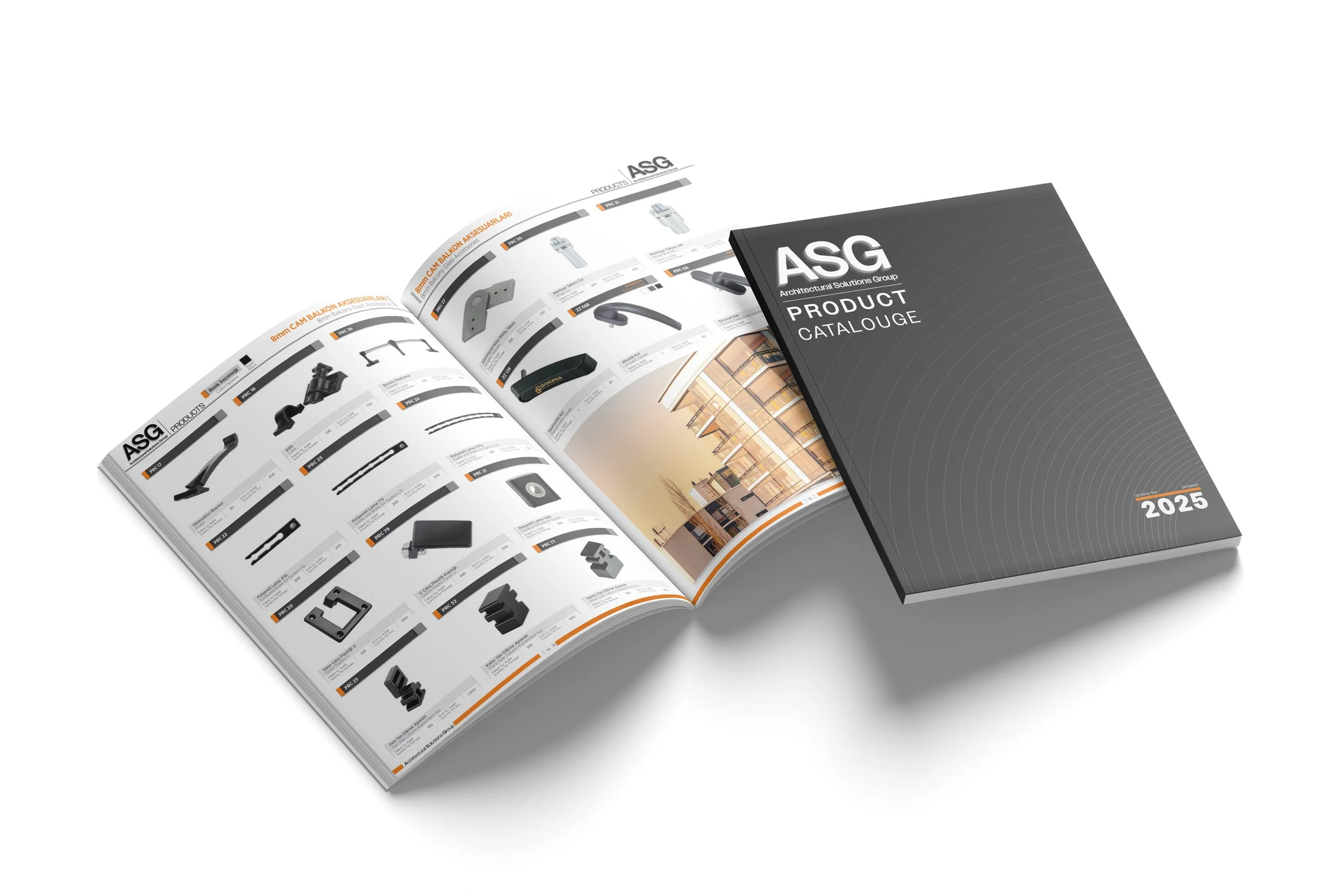 Open ASG product catalog showing various hardware and building components, with the closed catalog beside it.