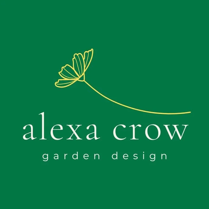 Logo for Alexa Crow Garden Design featuring a yellow flower on a green background with white text.